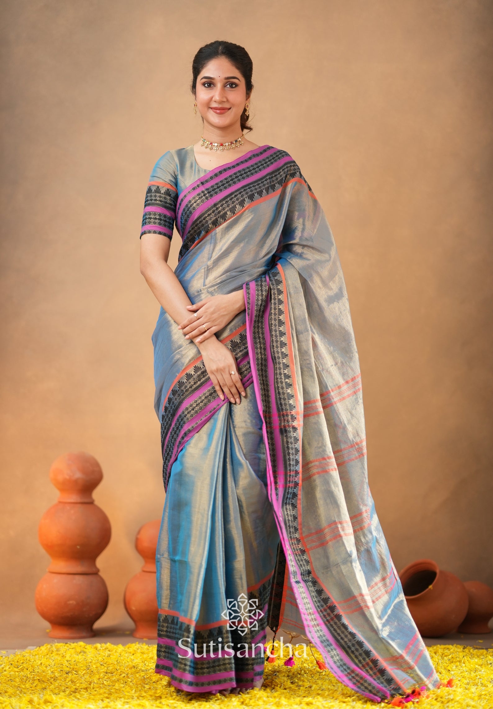 South Charm Tissue Cotton Saree with Traditional Border