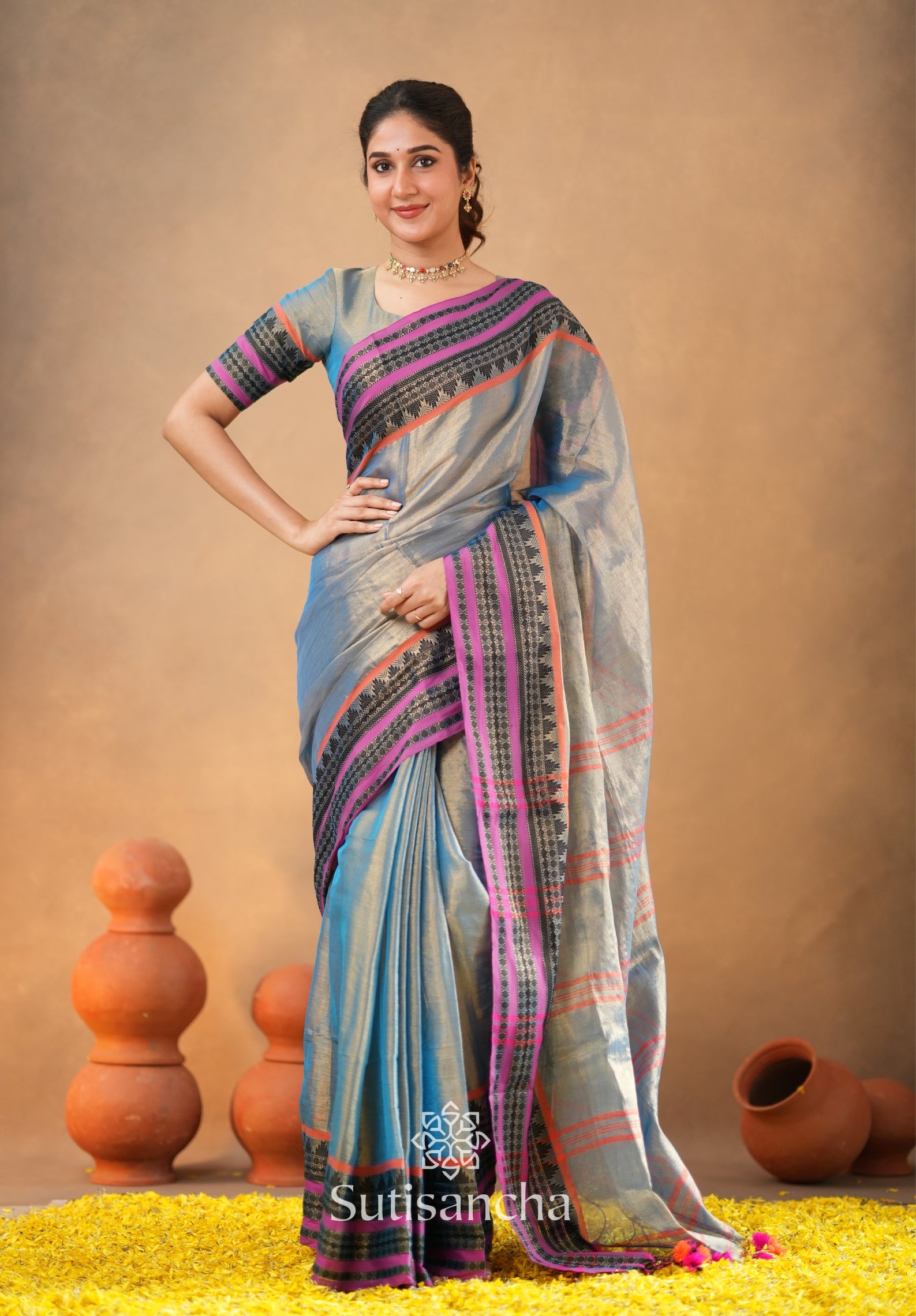 South Charm Tissue Cotton Saree with Traditional Border