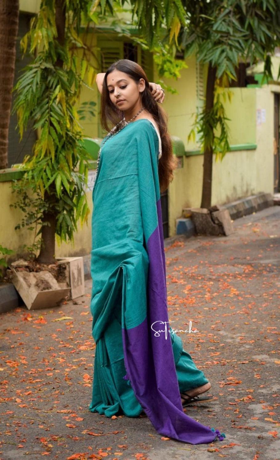 Sutisancha Purple Pallu Handloom Pure Khadi PomPom Saree - Suti Sancha