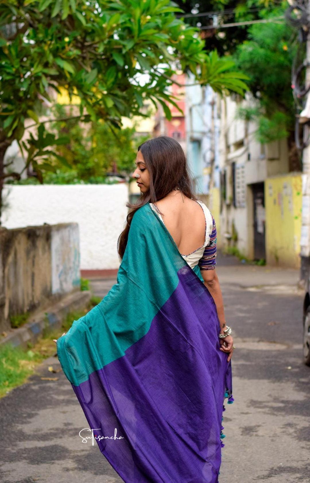 Sutisancha Purple Pallu Handloom Pure Khadi PomPom Saree - Suti Sancha