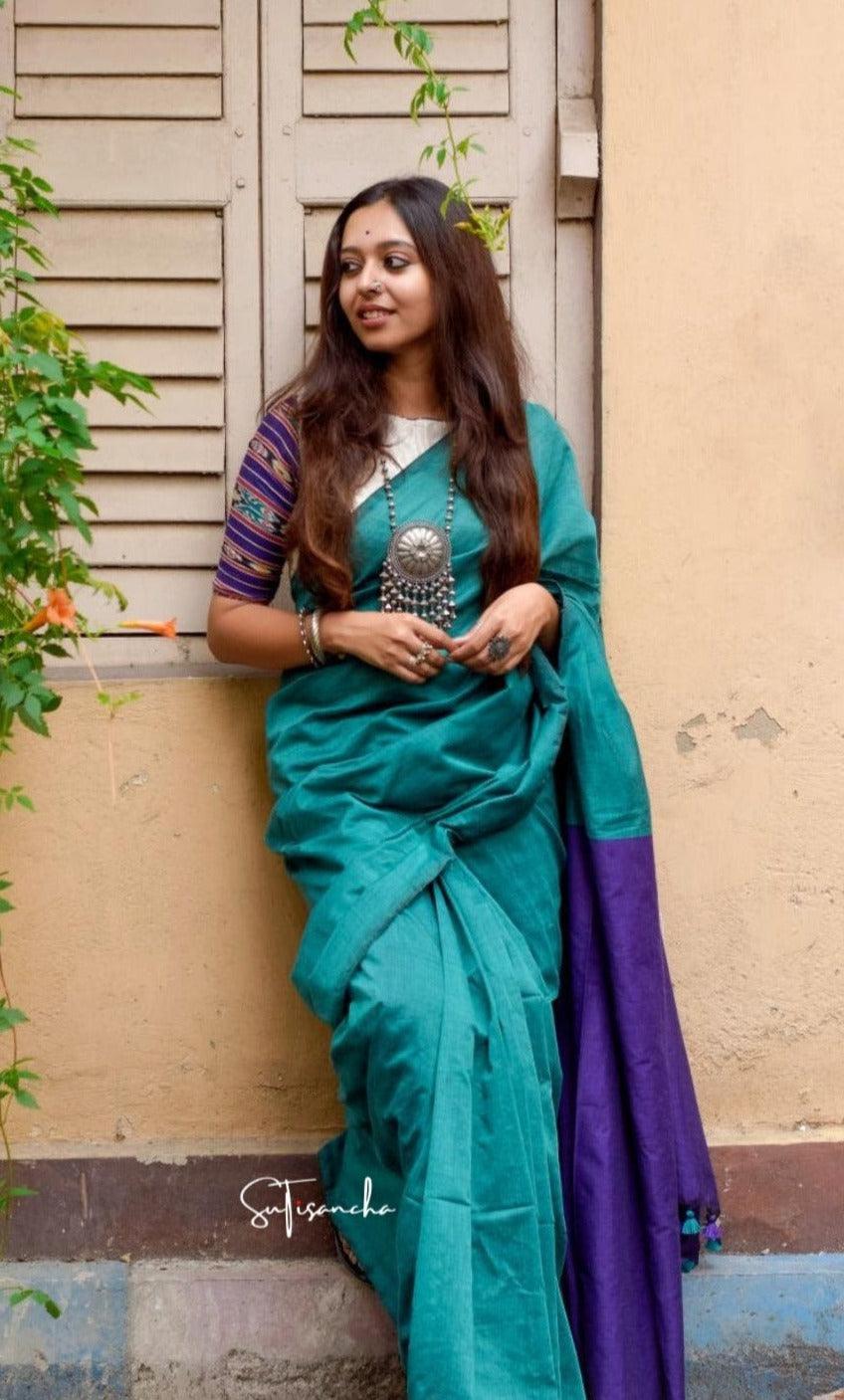 Sutisancha Purple Pallu Handloom Pure Khadi PomPom Saree - Suti Sancha