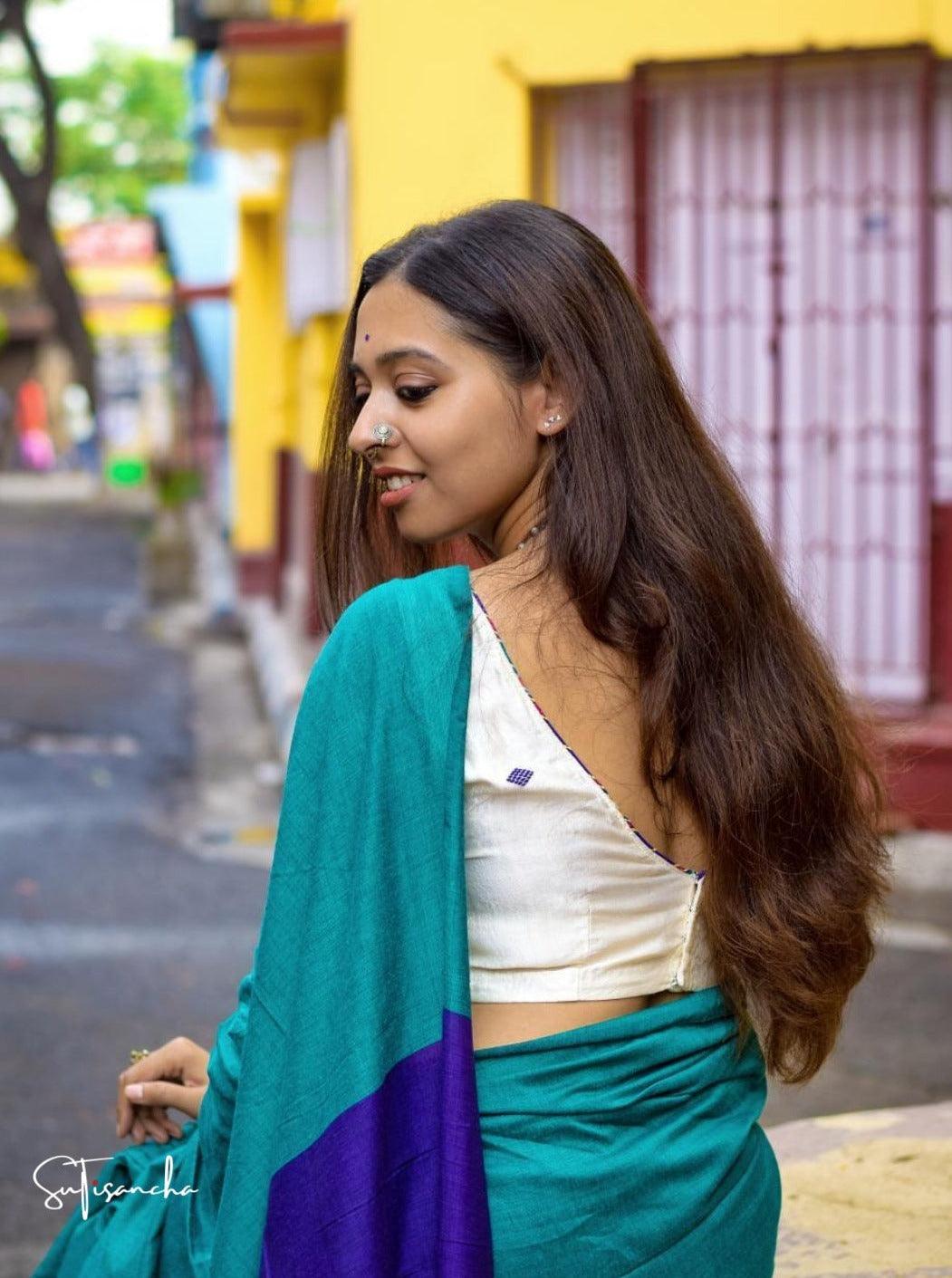 Sutisancha Purple Pallu Handloom Pure Khadi PomPom Saree - Suti Sancha