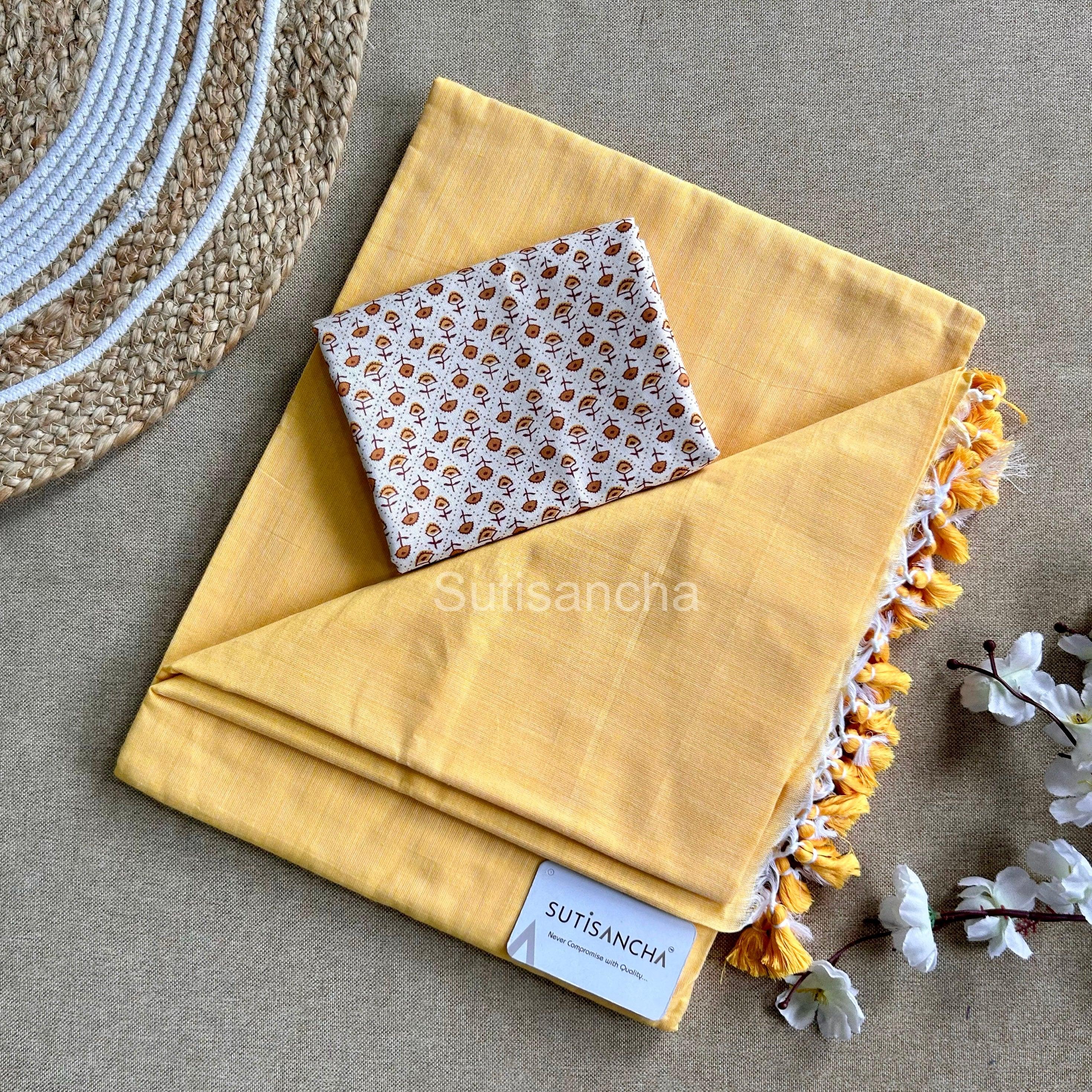 Sutisancha Lemon Yellow Plain Saree With Cotton Blouse - Suti Sancha