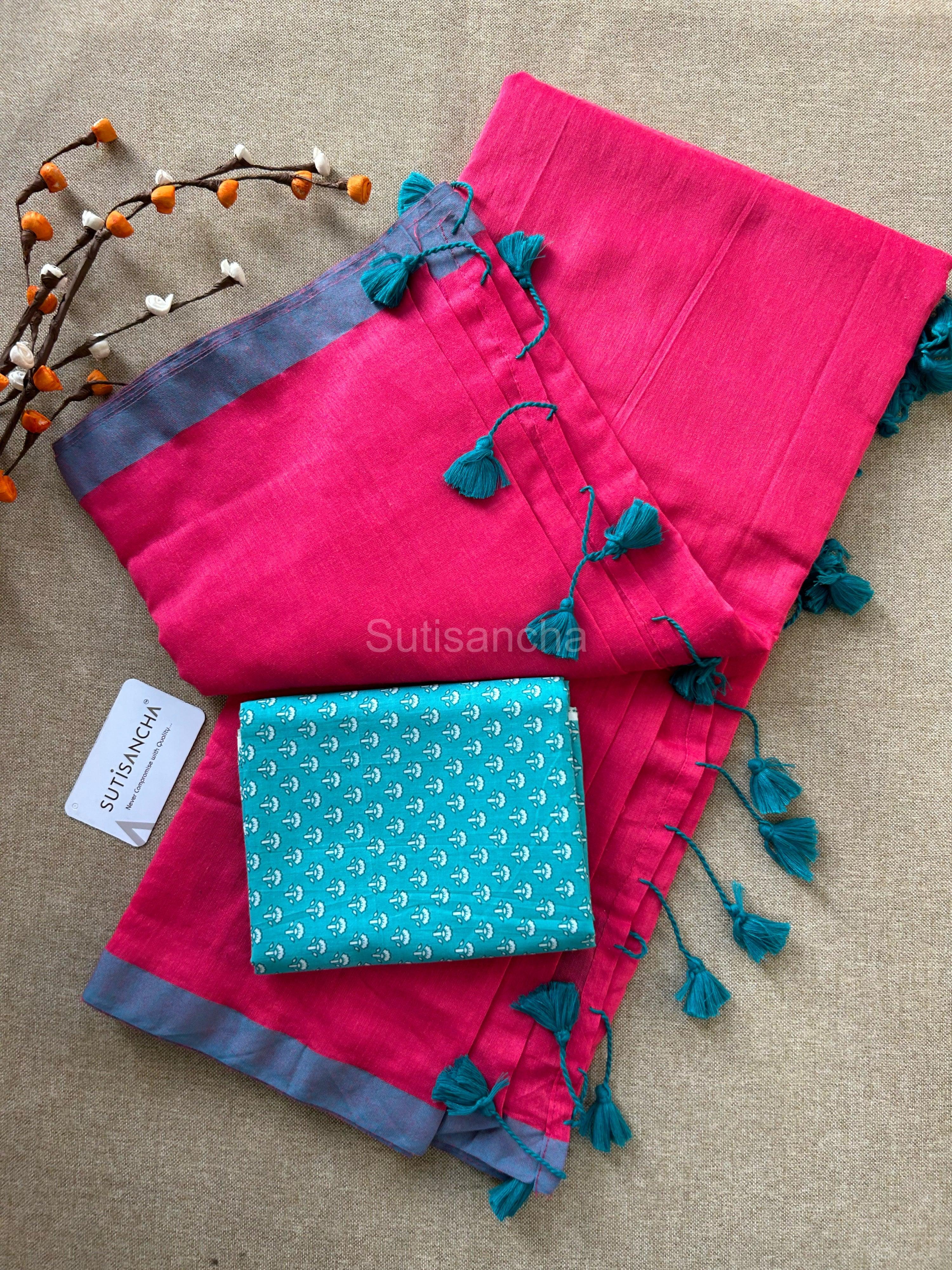 Sutisancha pink & sky Border Handloom Saree - Suti Sancha