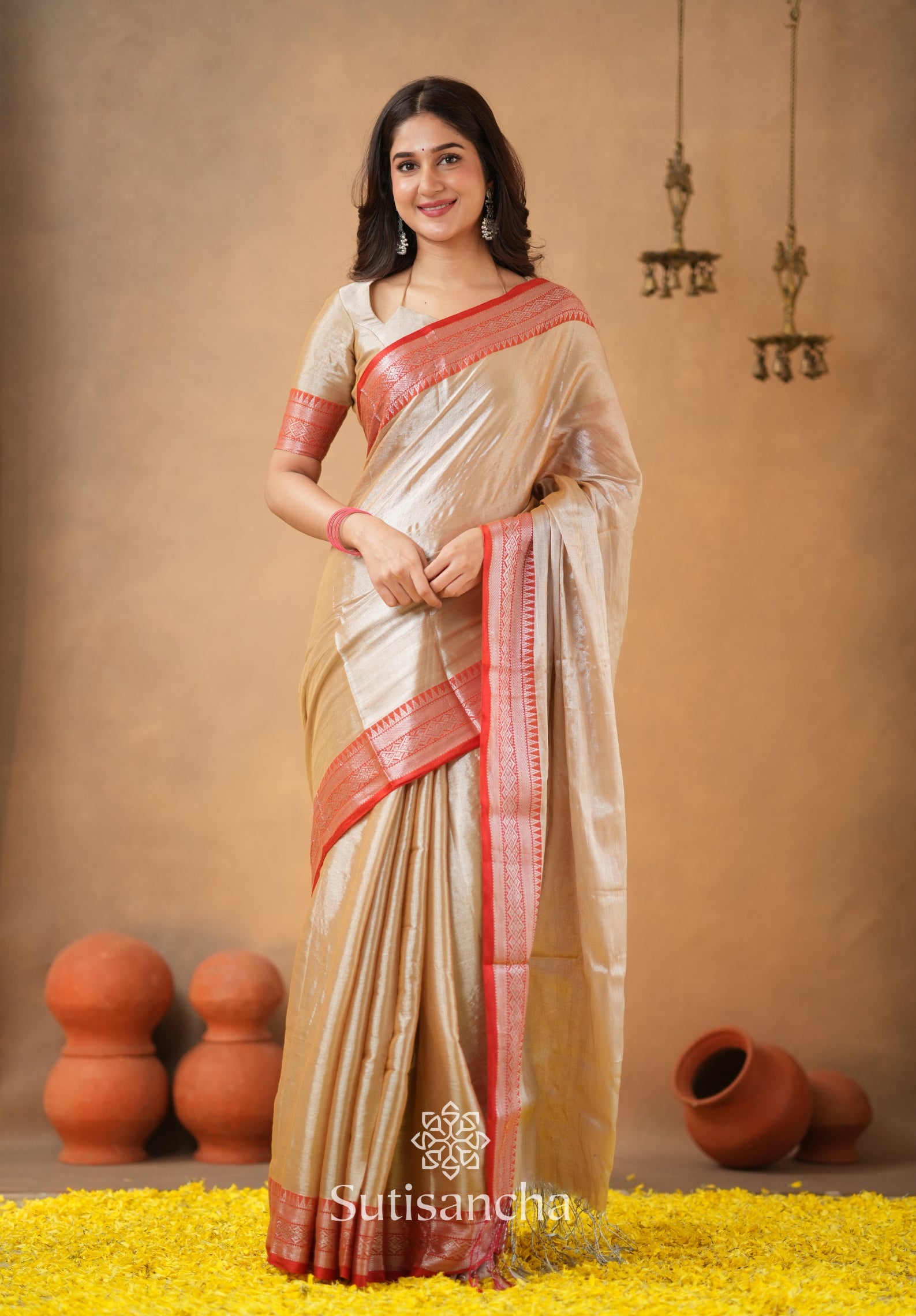 Traditional Tissue Saree with Rich Red Border