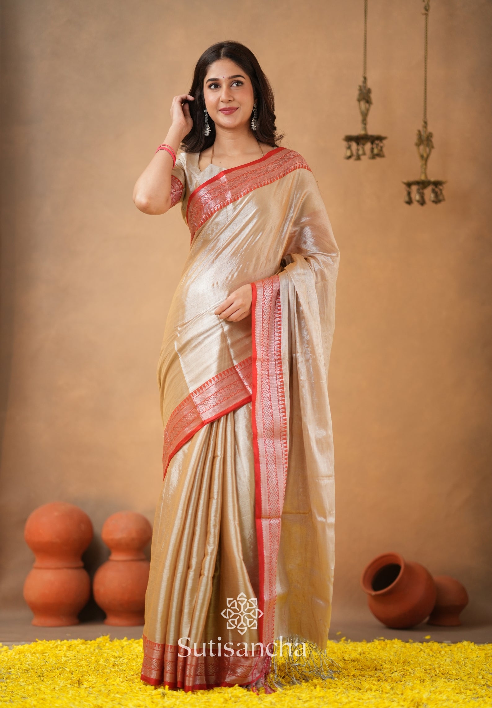 Traditional Tissue Saree with Rich Red Border