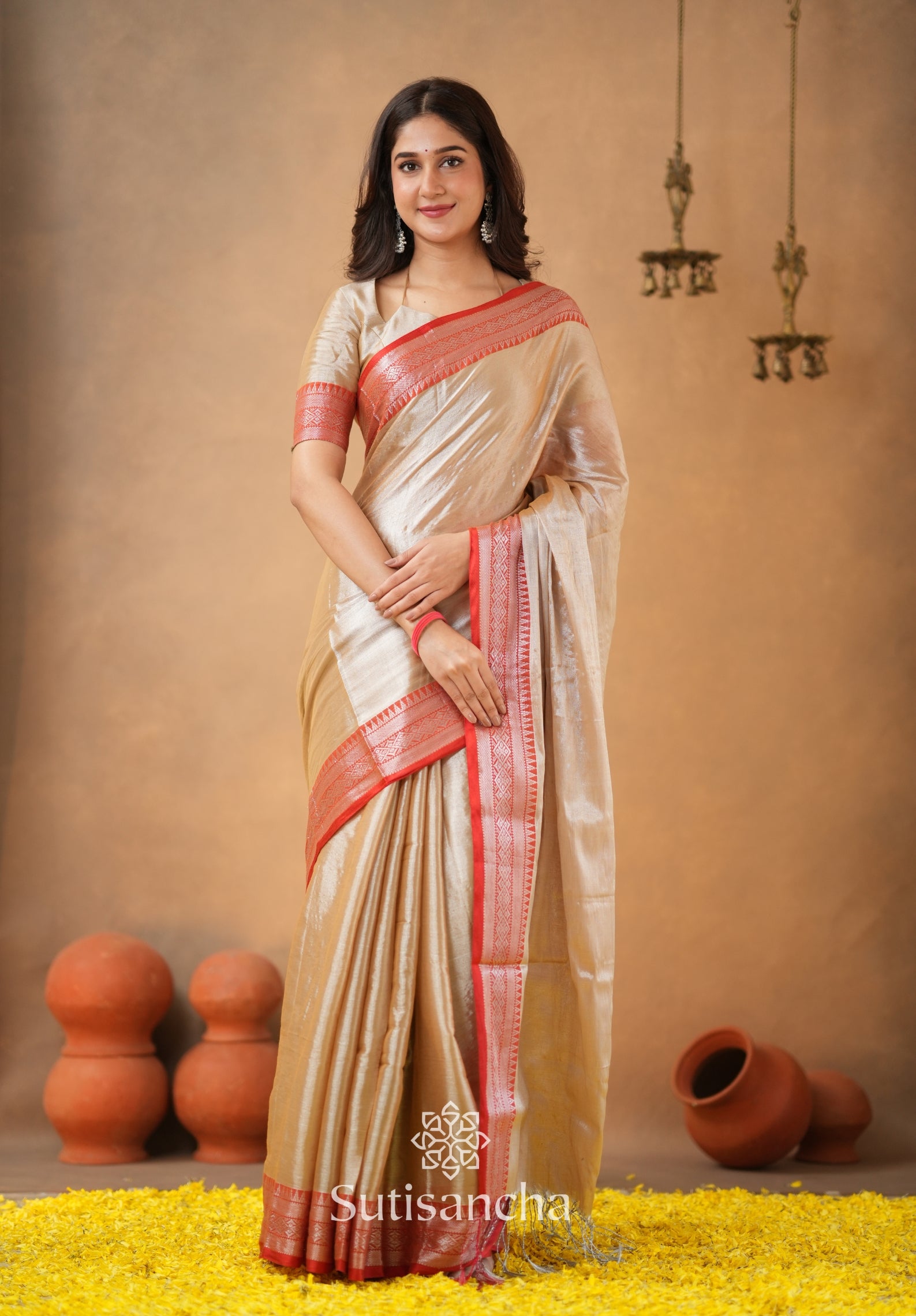 Traditional Tissue Saree with Rich Red Border