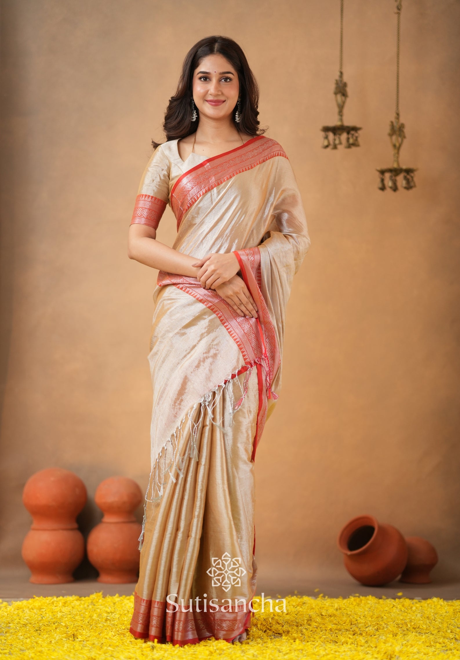 Traditional Tissue Saree with Rich Red Border