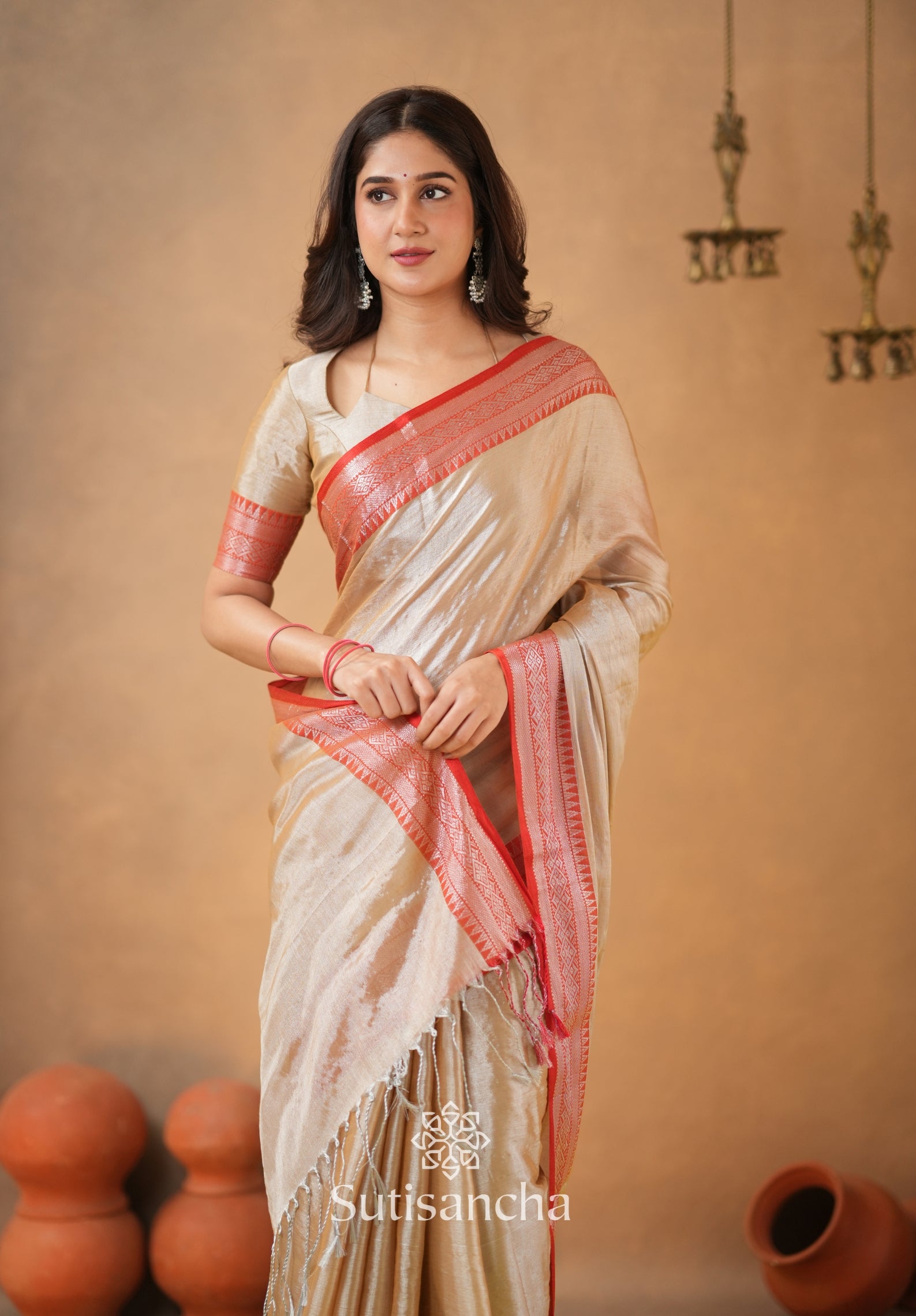 Traditional Tissue Saree with Rich Red Border