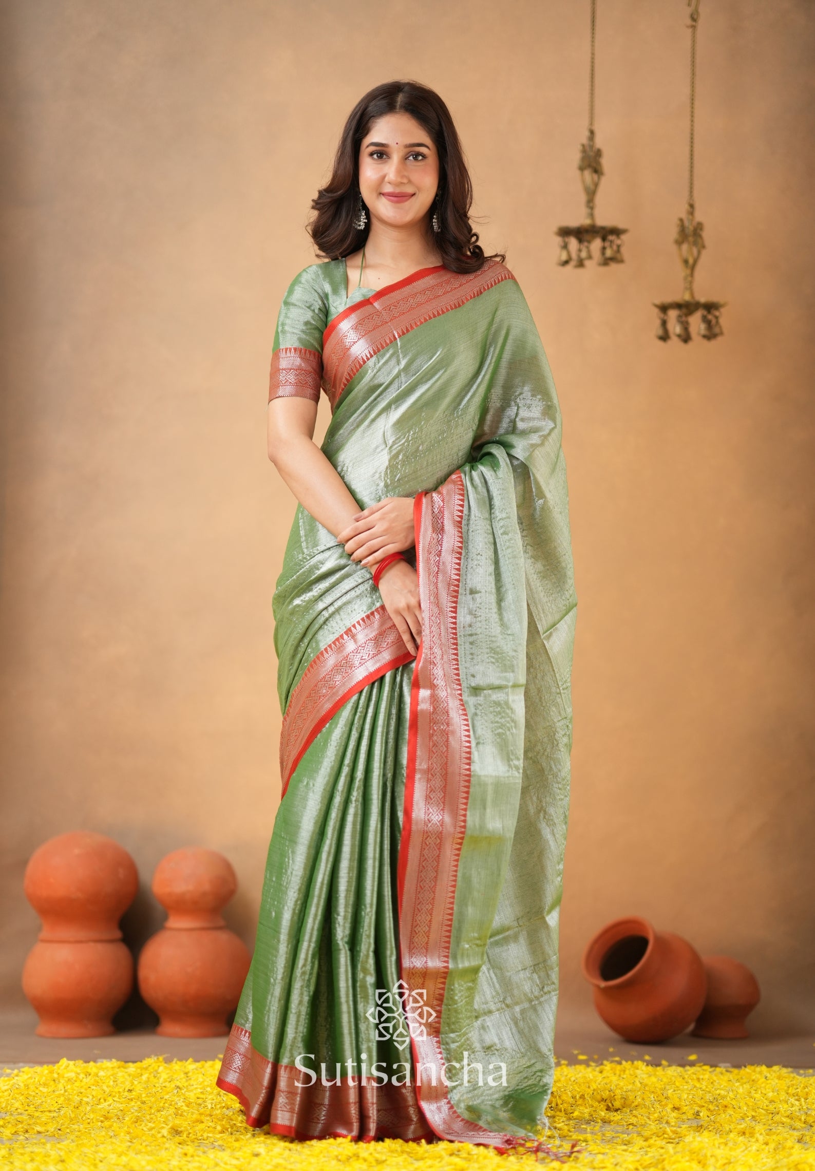 Traditional Tissue Saree with Rich Red Border