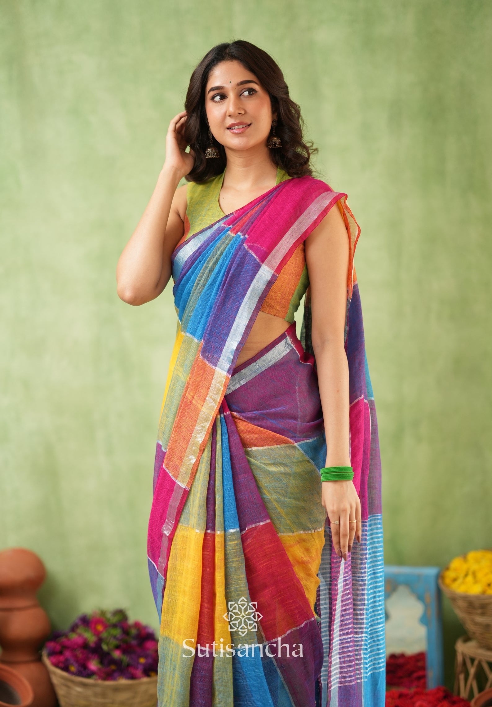 Color Block Linen Cotton Saree – Modern Classic