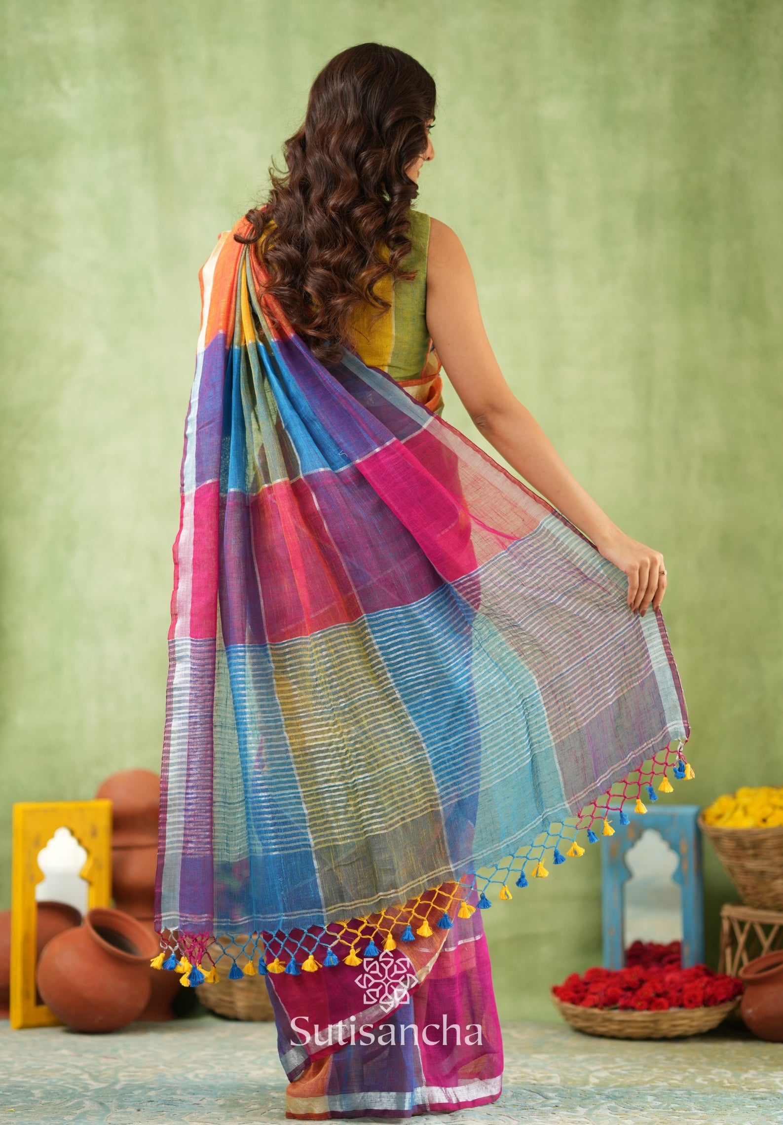 Color Block Linen Cotton Saree – Modern Classic