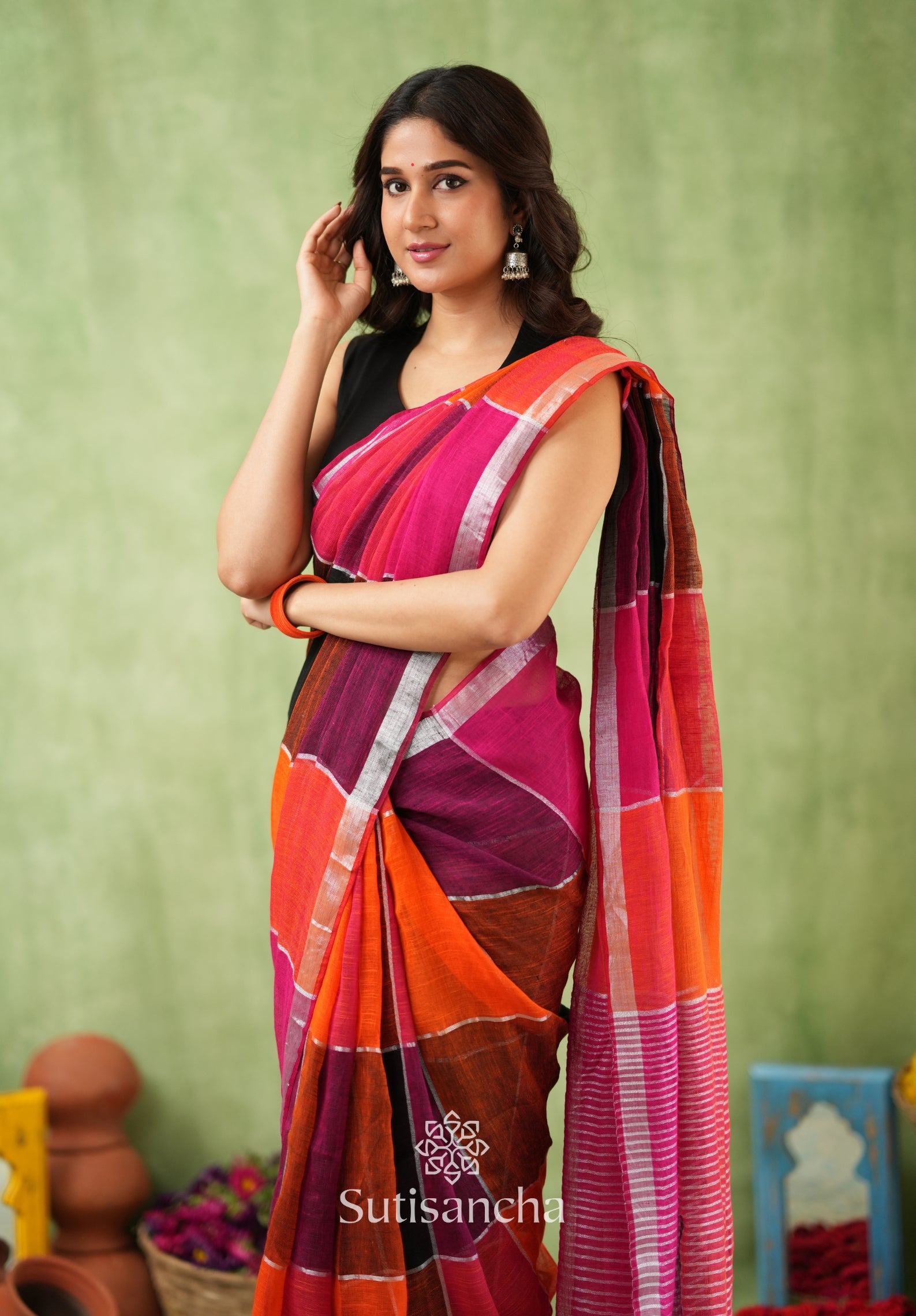 Color Block Linen Cotton Saree – Modern Classic