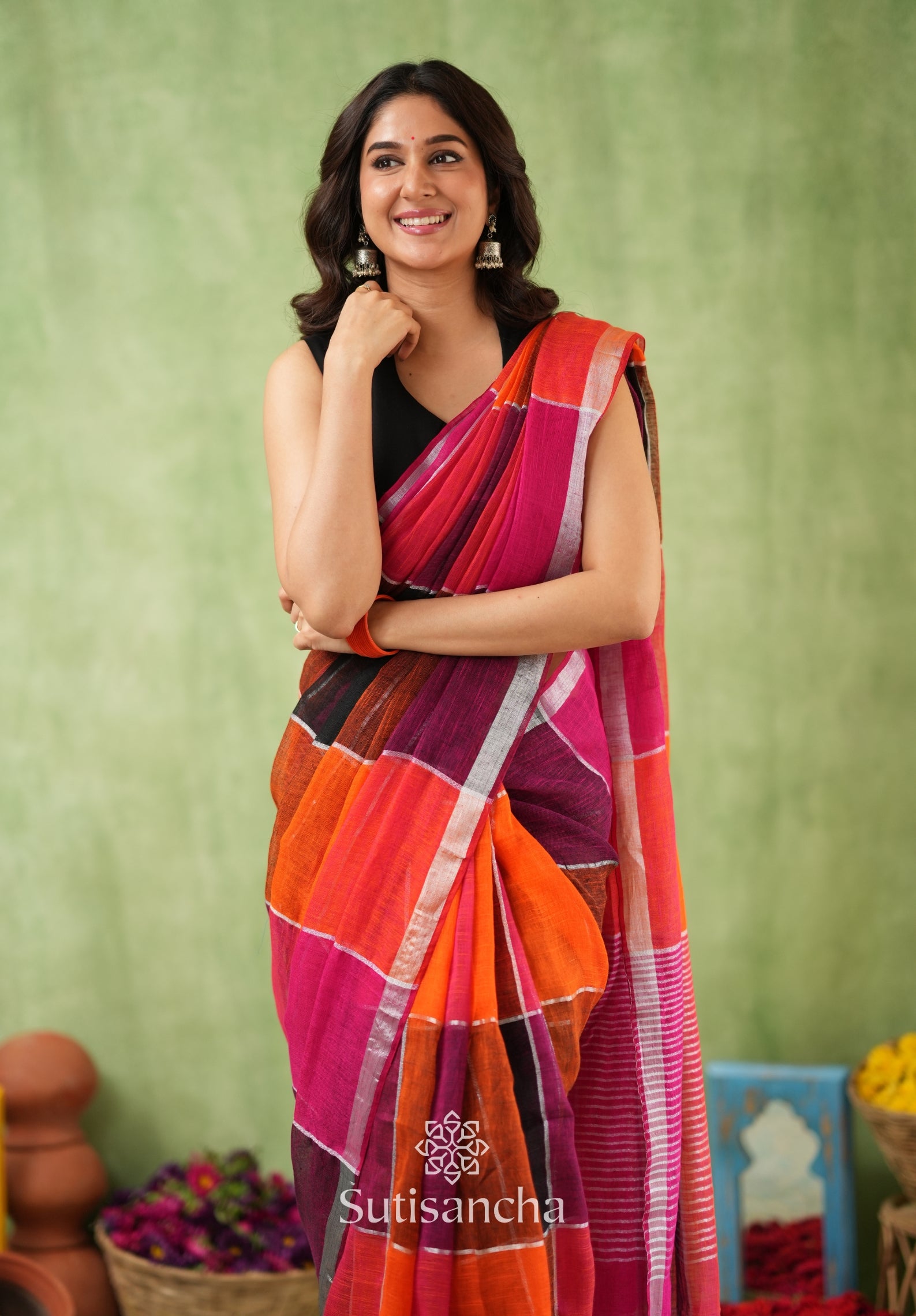 Color Block Linen Cotton Saree – Modern Classic