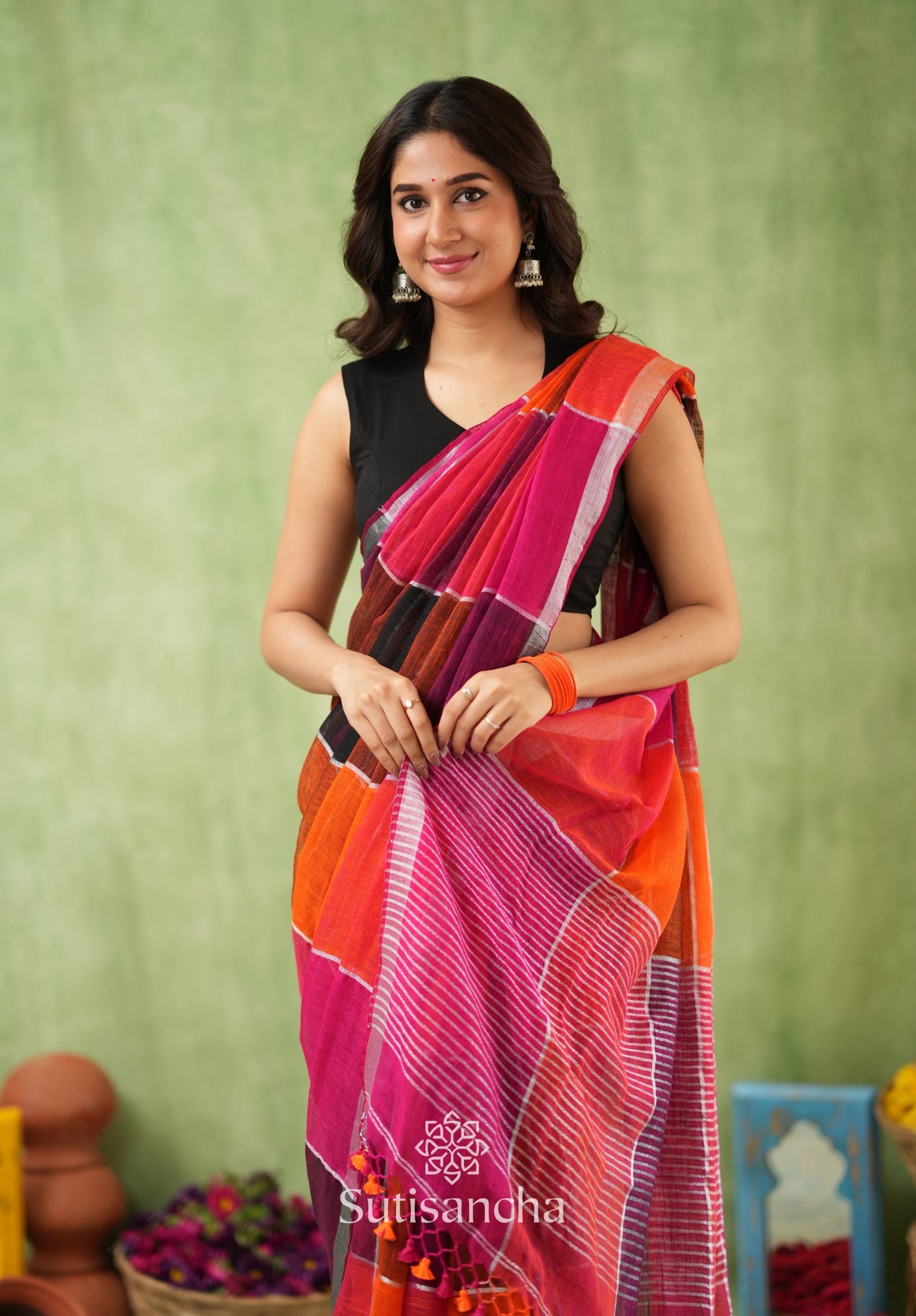 Color Block Linen Cotton Saree – Modern Classic