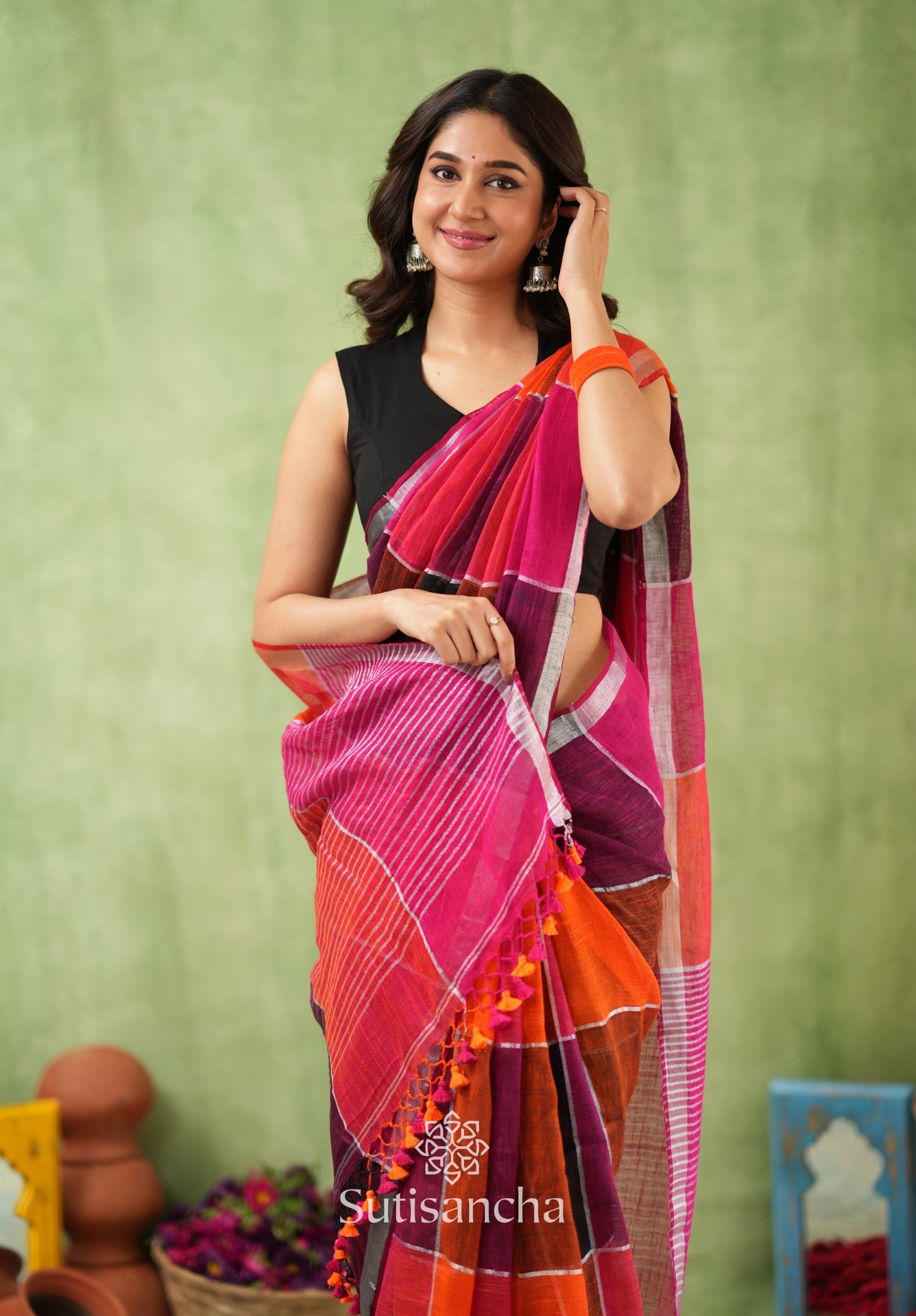 Color Block Linen Cotton Saree – Modern Classic