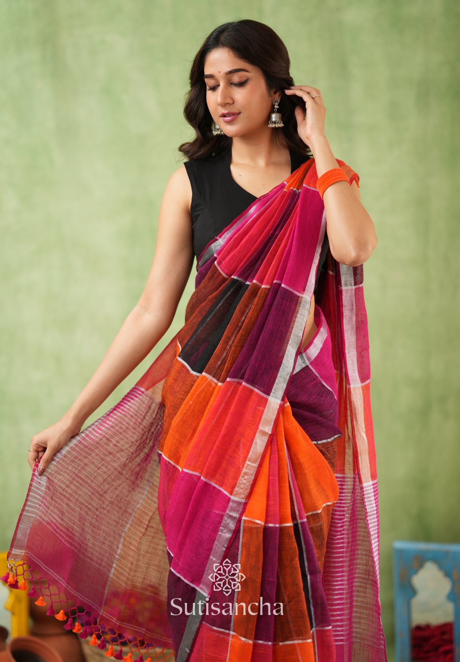 Color Block Linen Cotton Saree – Modern Classic