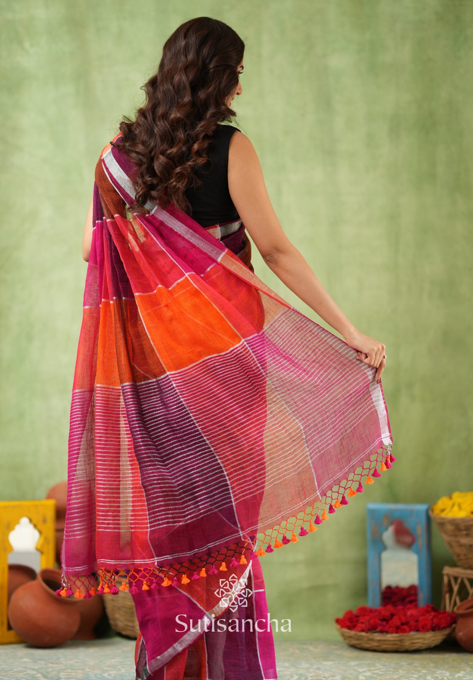 Color Block Linen Cotton Saree – Modern Classic