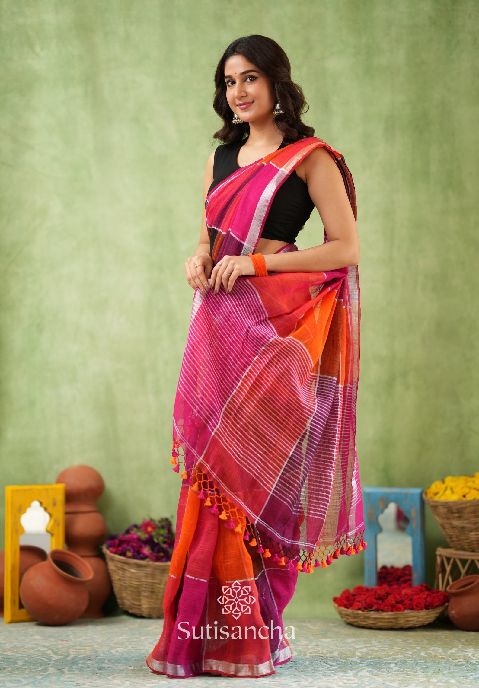 Color Block Linen Cotton Saree – Modern Classic