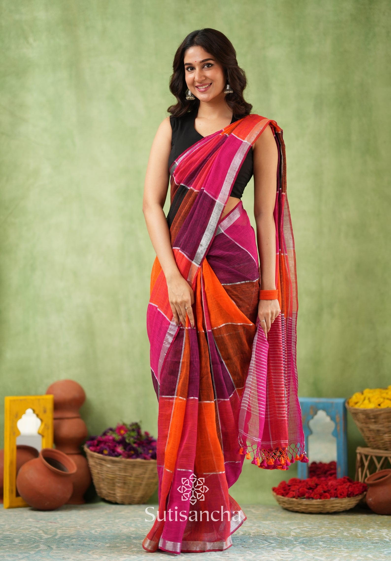 Color Block Linen Cotton Saree – Modern Classic