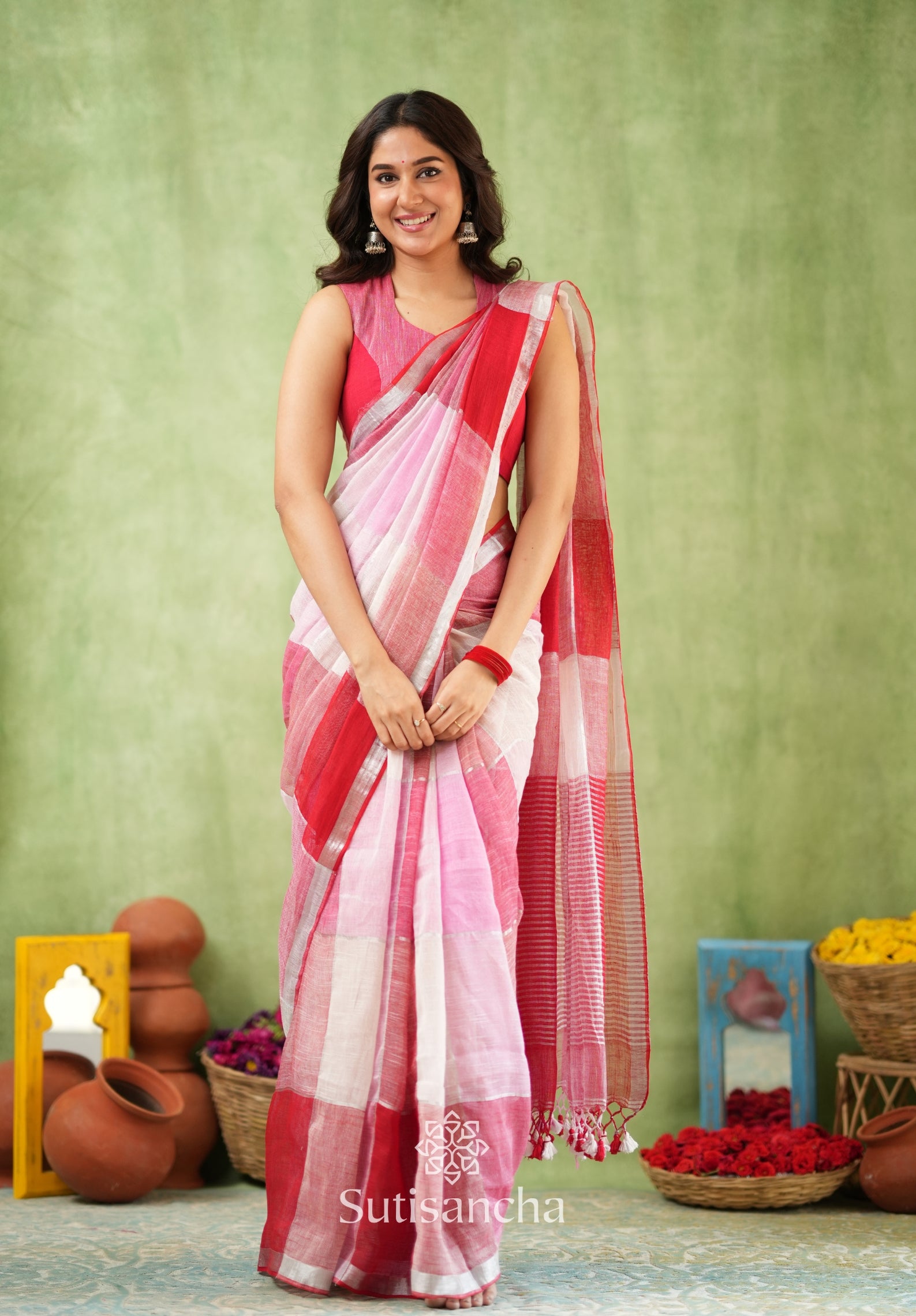Color Block Linen Cotton Saree – Modern Classic