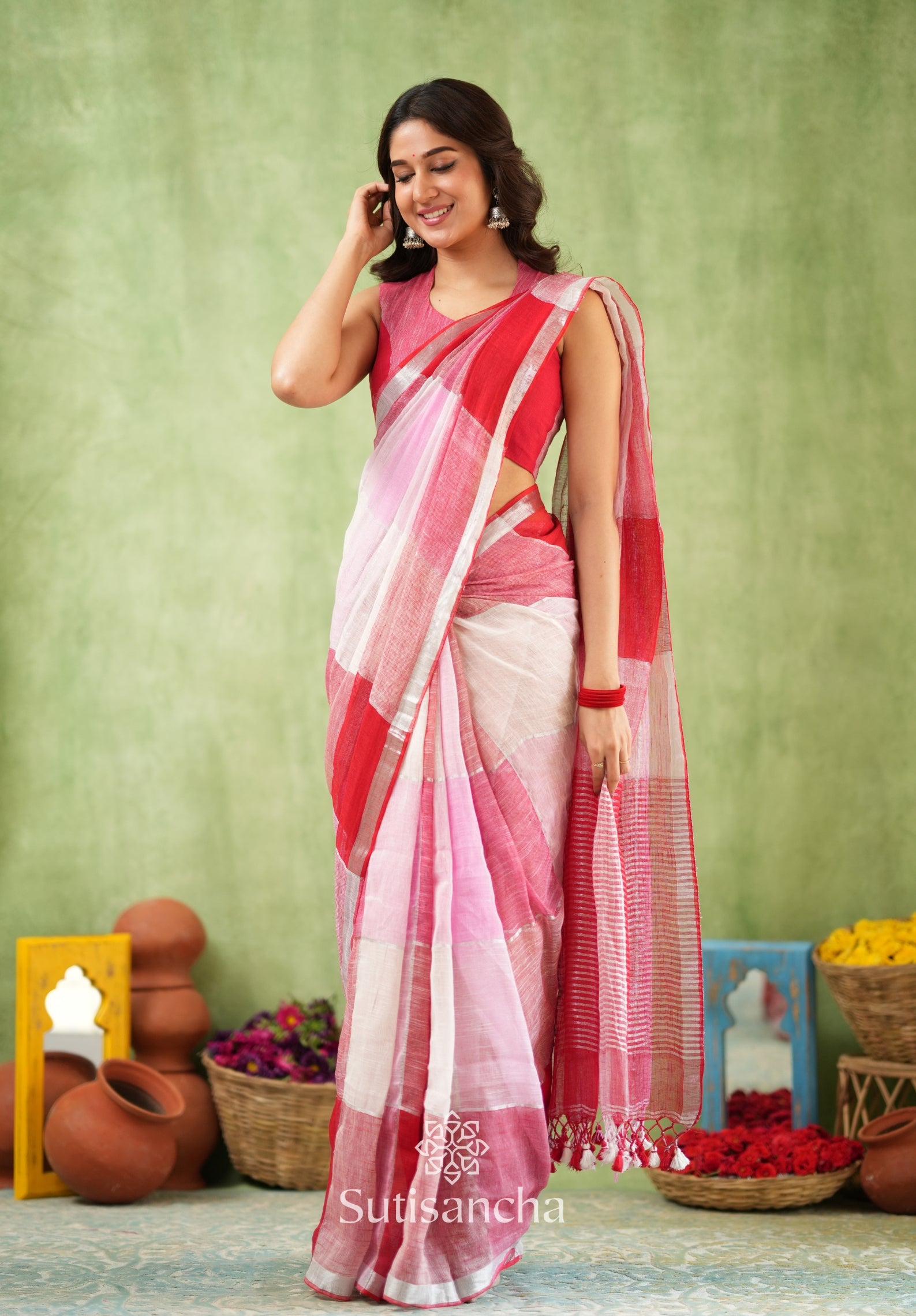 Color Block Linen Cotton Saree – Modern Classic