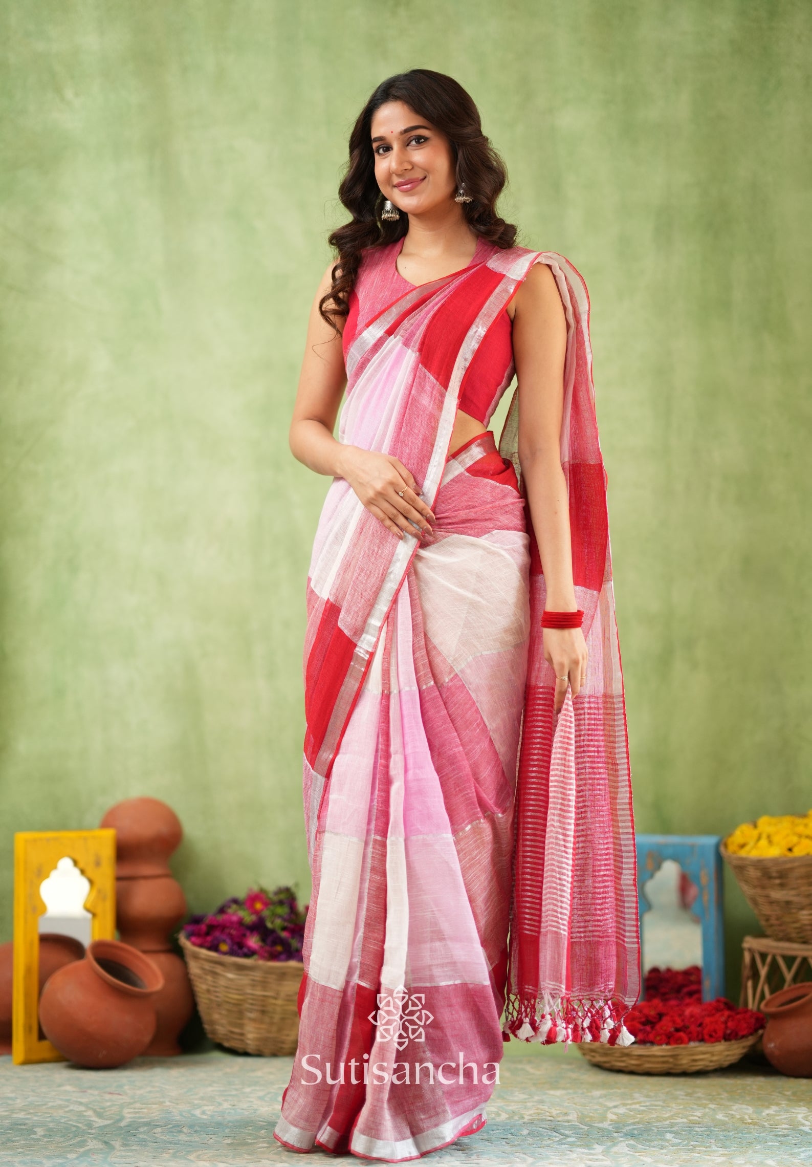 Color Block Linen Cotton Saree – Modern Classic