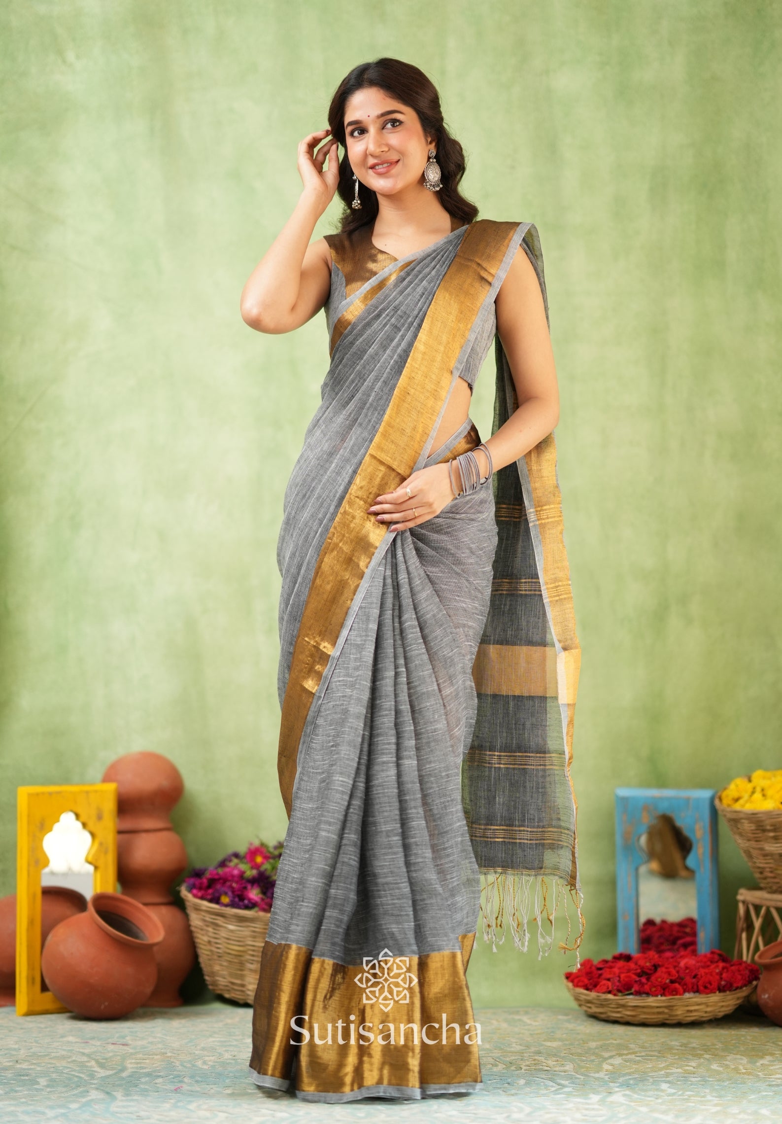 Lustrous Golden Border Cotton Linen Saree