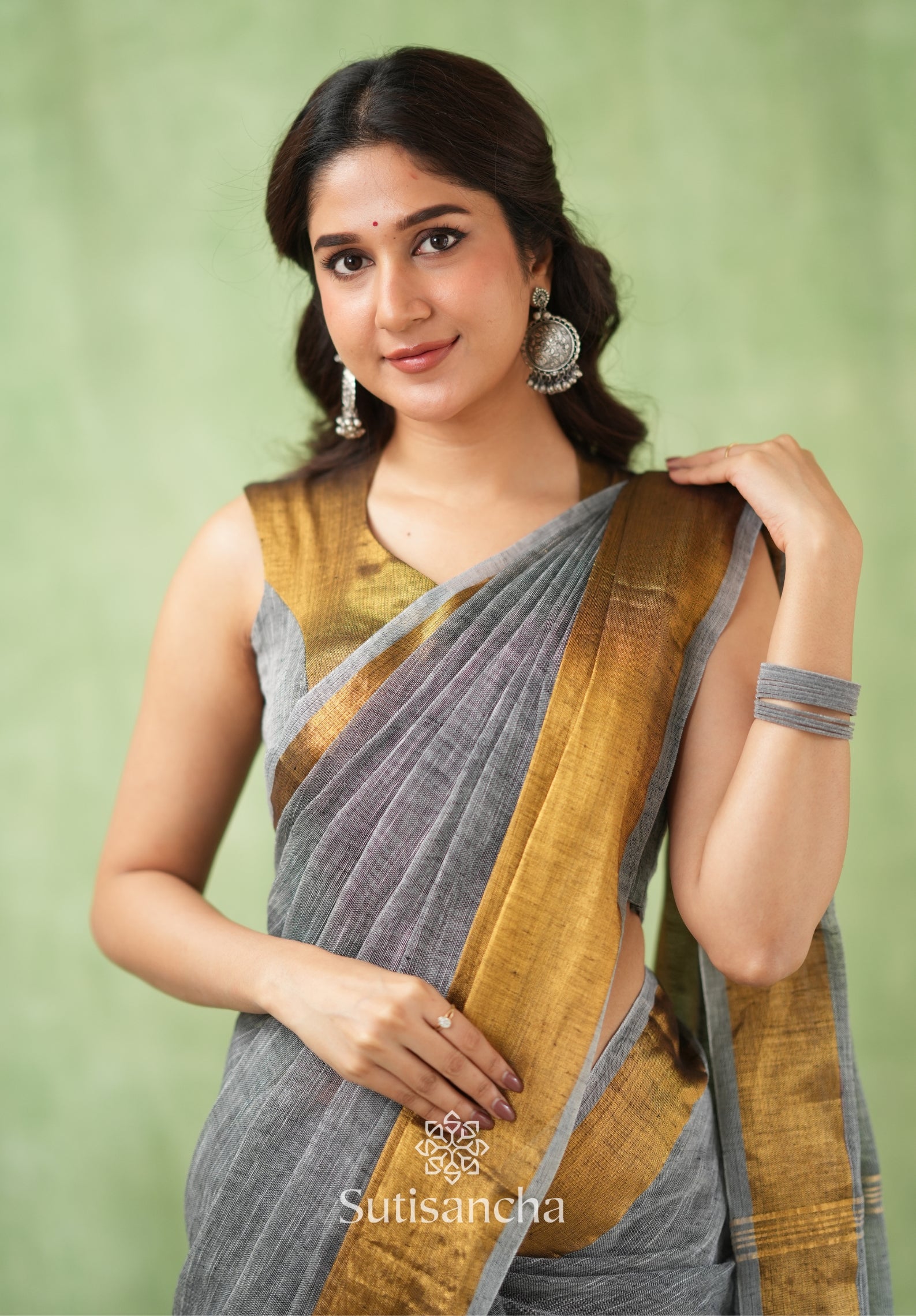 Lustrous Golden Border Cotton Linen Saree