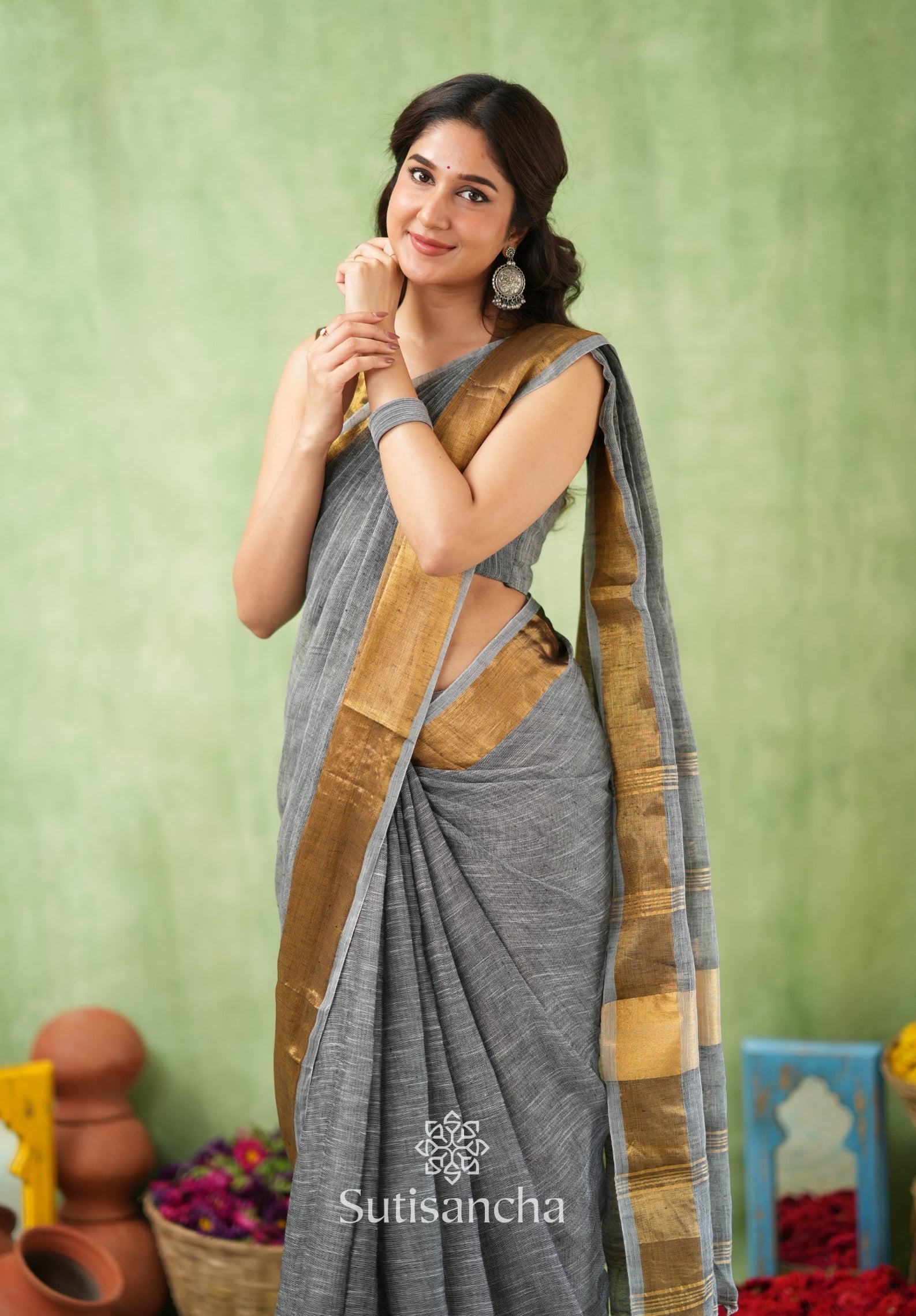 Lustrous Golden Border Cotton Linen Saree