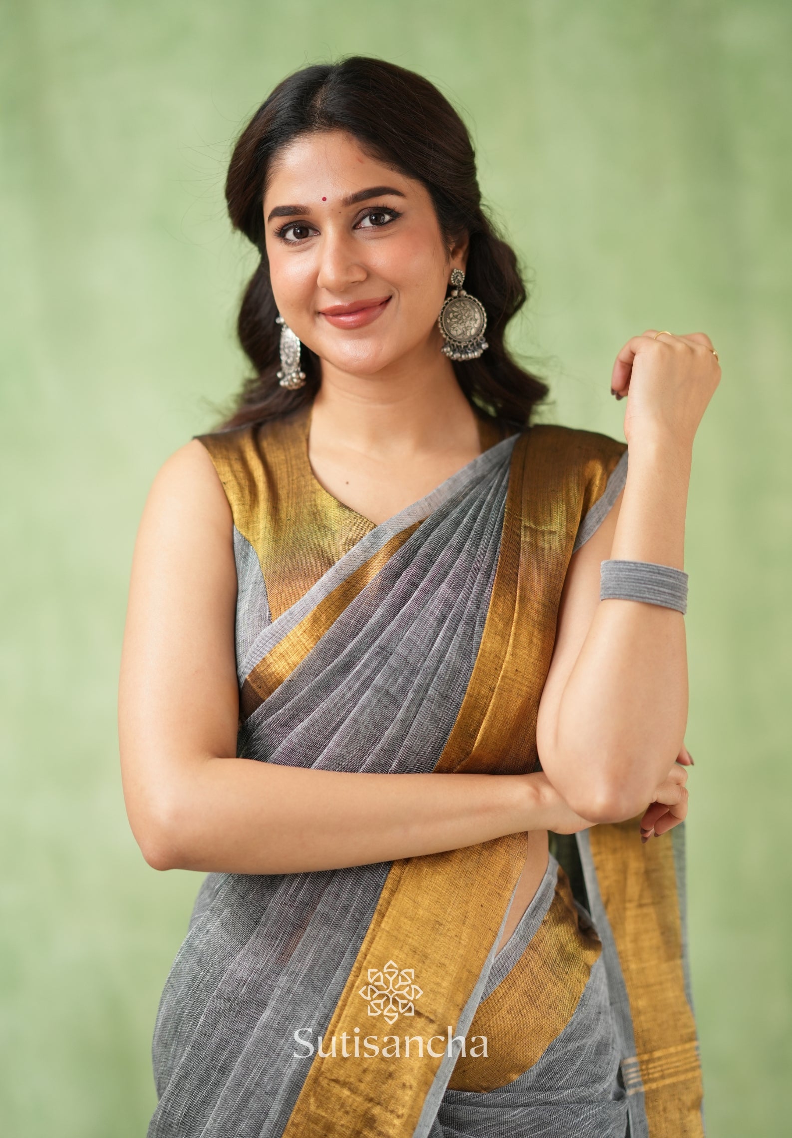 Lustrous Golden Border Cotton Linen Saree
