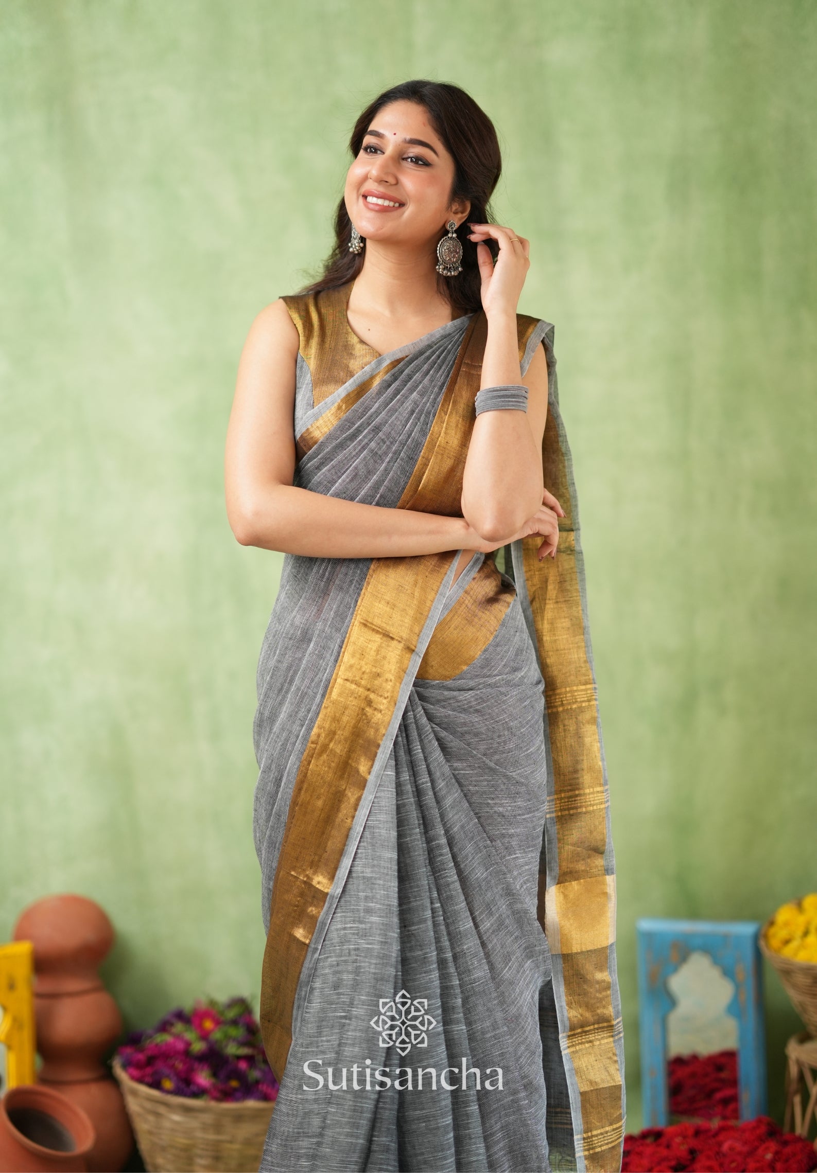 Lustrous Golden Border Cotton Linen Saree