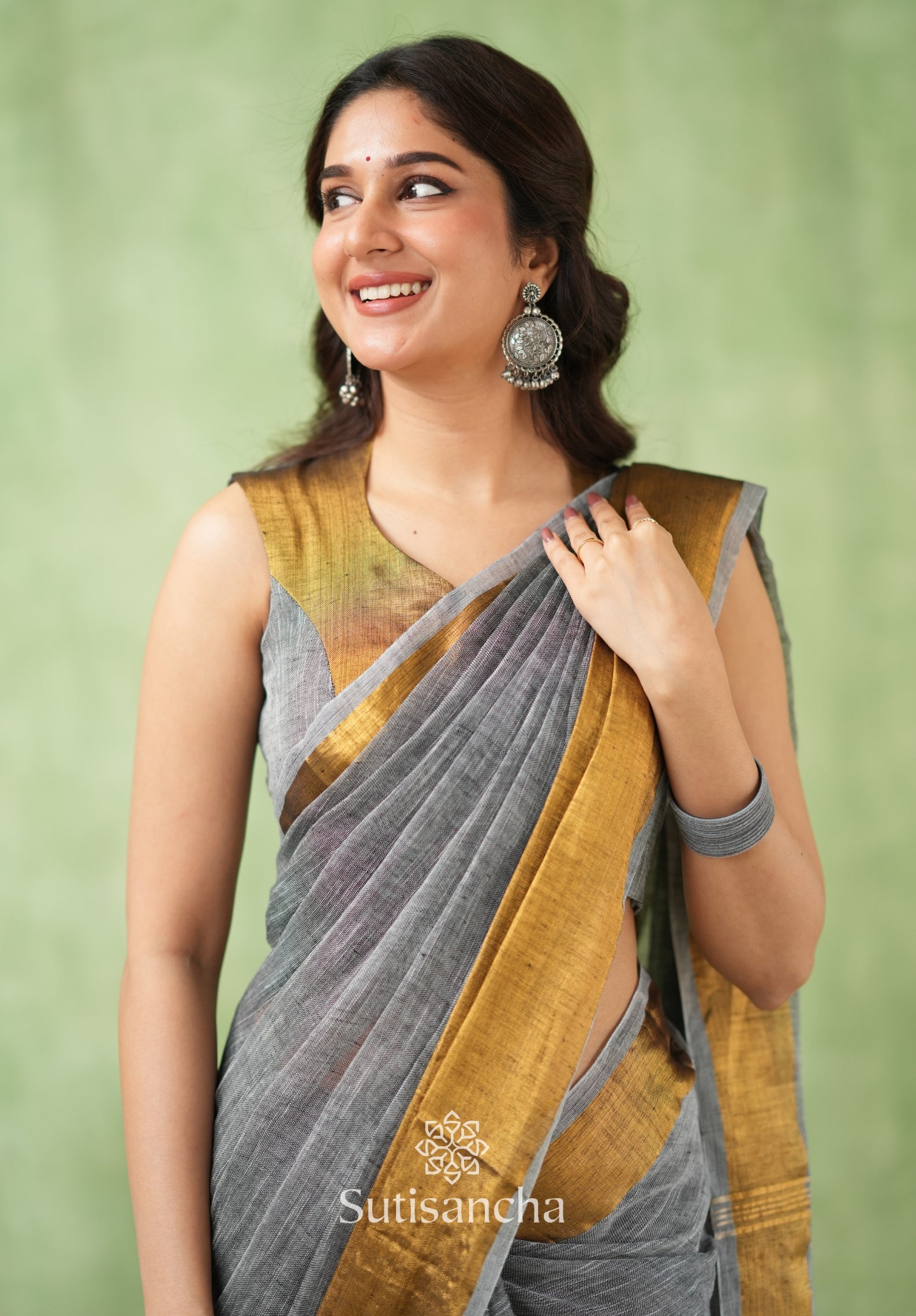 Lustrous Golden Border Cotton Linen Saree
