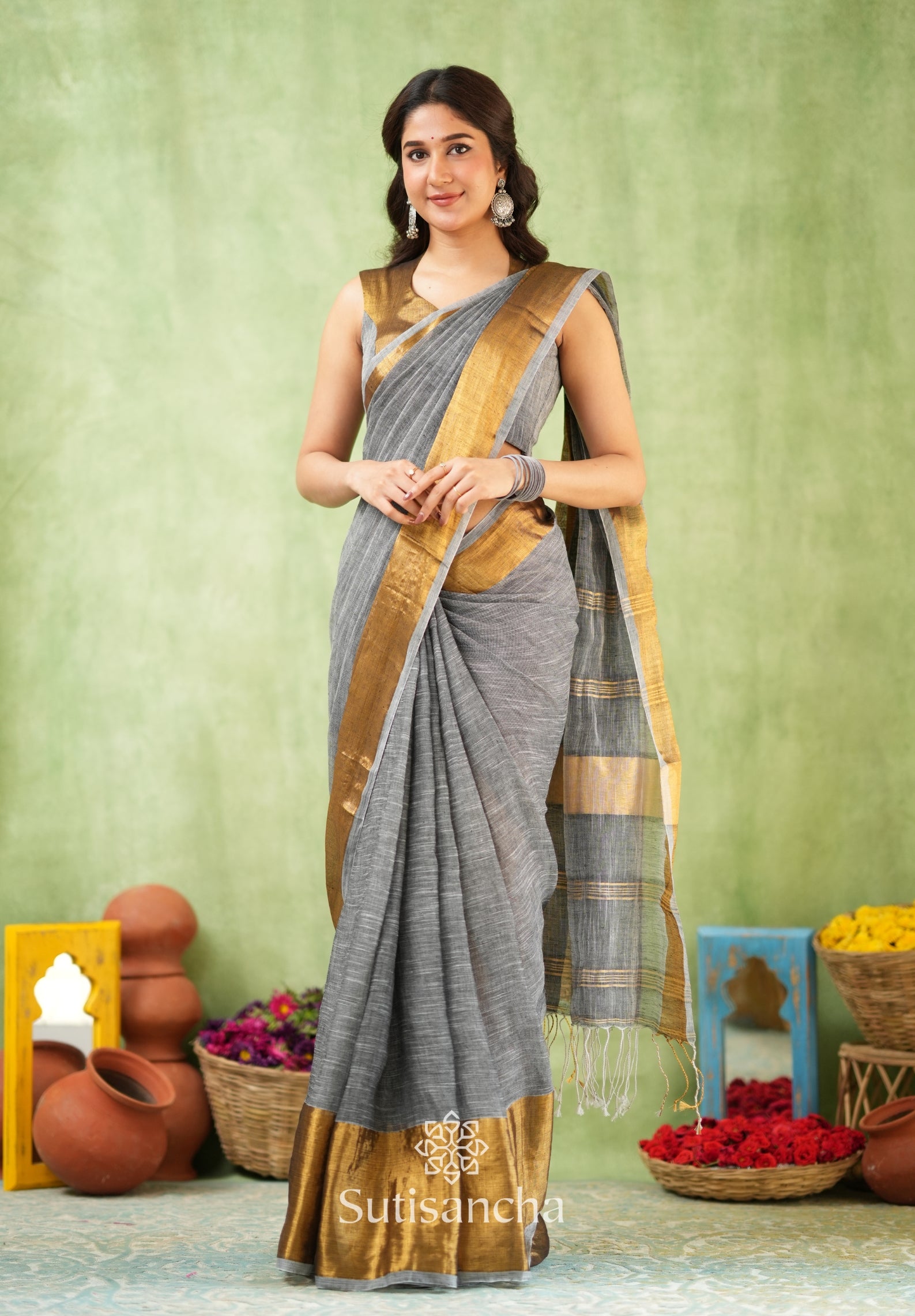 Lustrous Golden Border Cotton Linen Saree