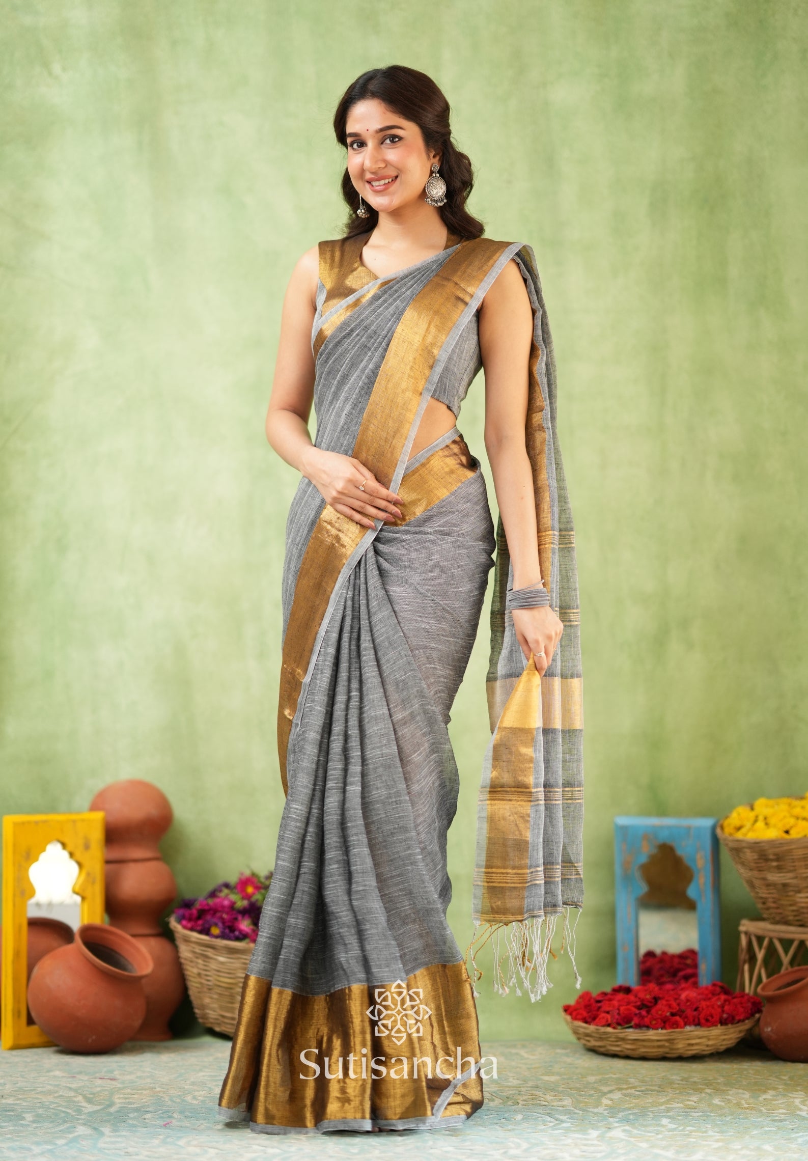 Lustrous Golden Border Cotton Linen Saree
