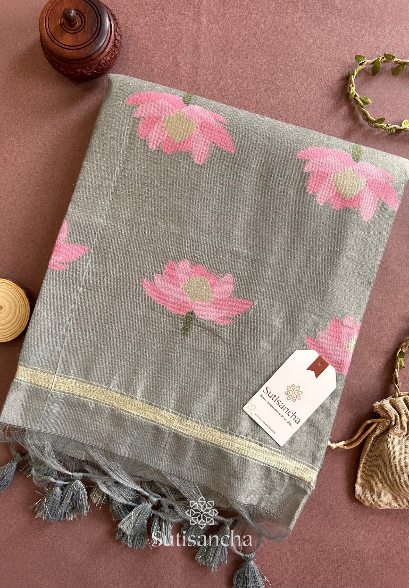Grey Pure Cotton Saree with Pink Lotus Motifs & Zari Border