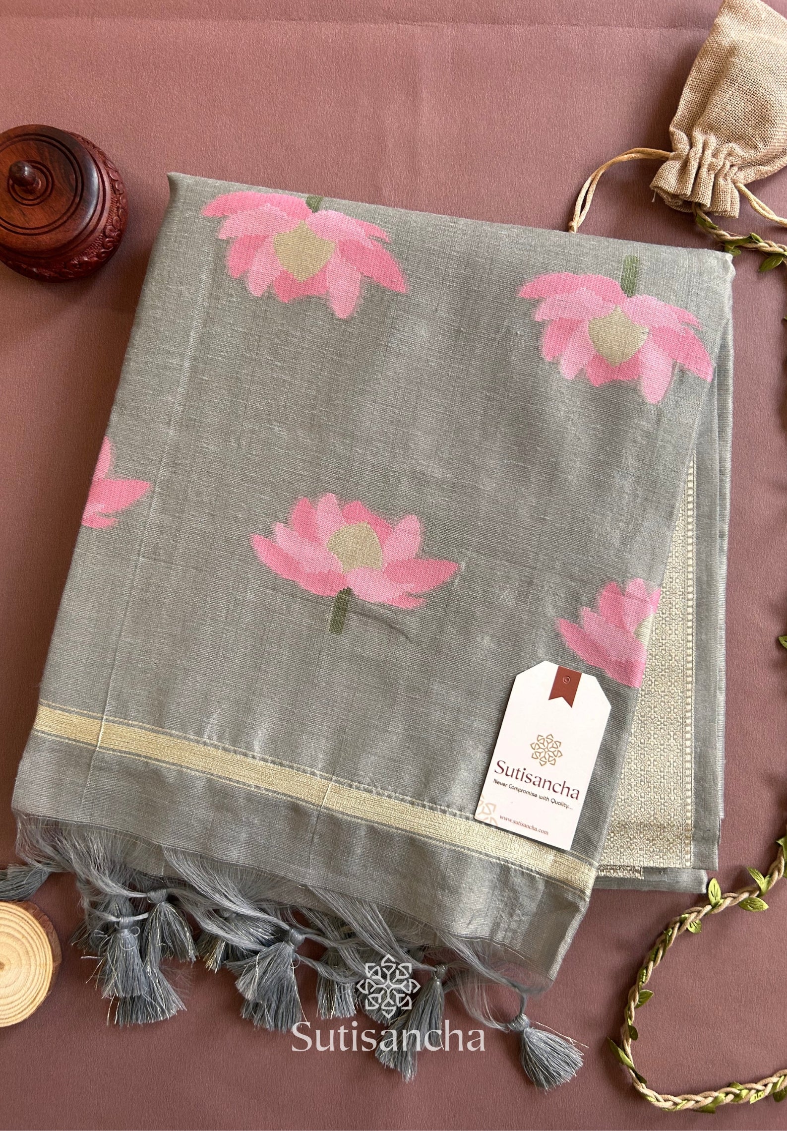 Grey Pure Cotton Saree with Pink Lotus Motifs & Zari Border