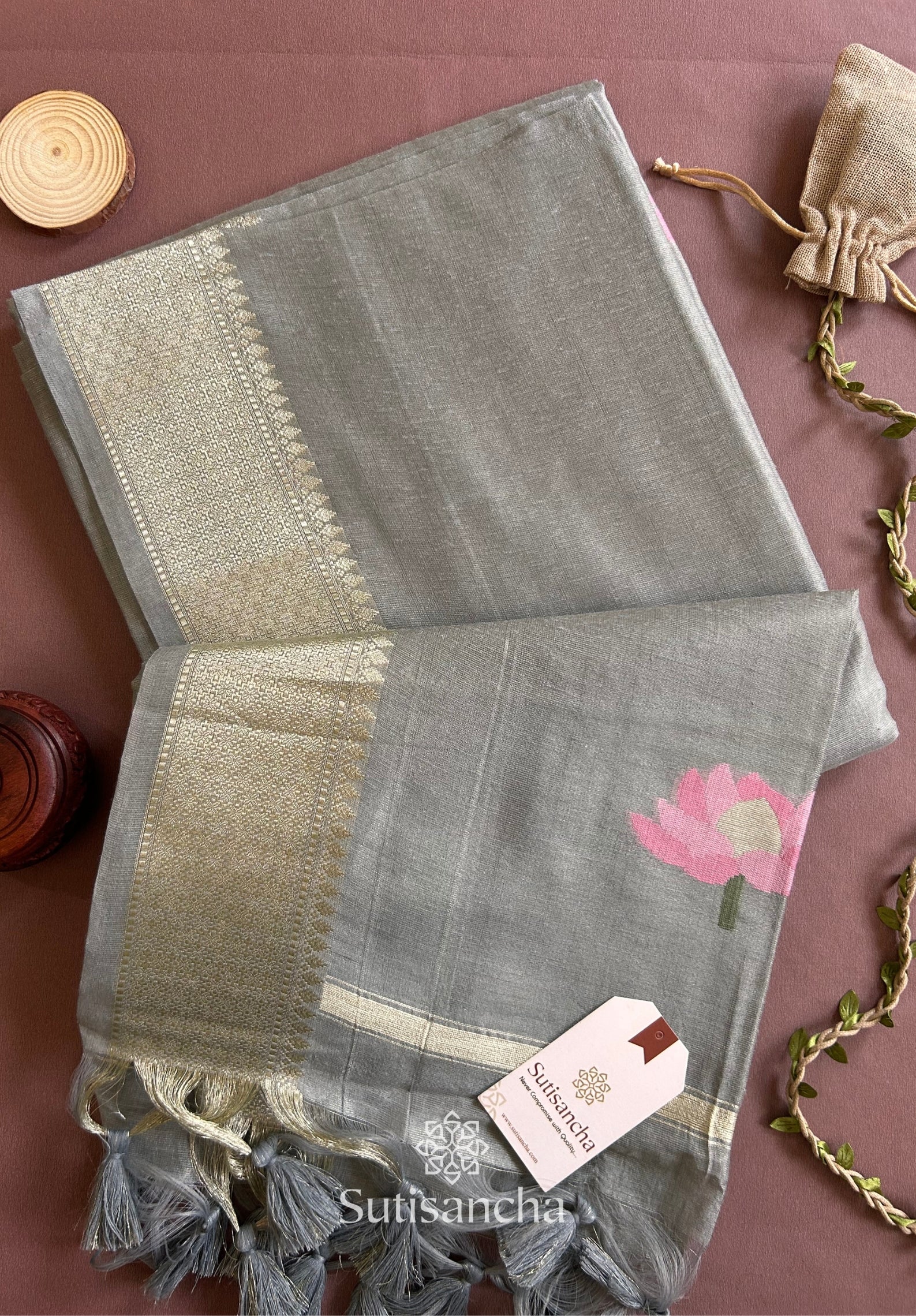 Grey Pure Cotton Saree with Pink Lotus Motifs & Zari Border