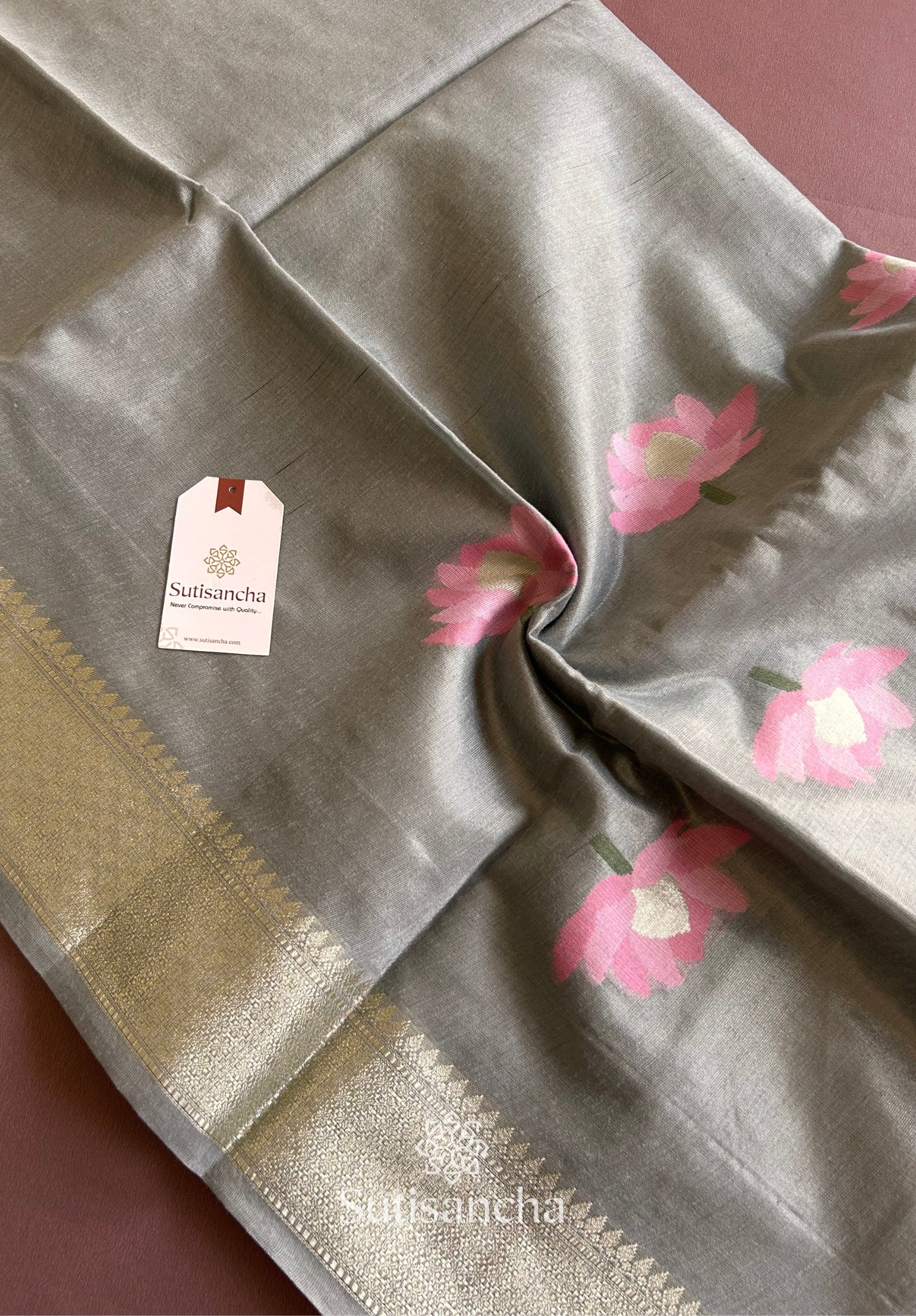 Grey Pure Cotton Saree with Pink Lotus Motifs & Zari Border