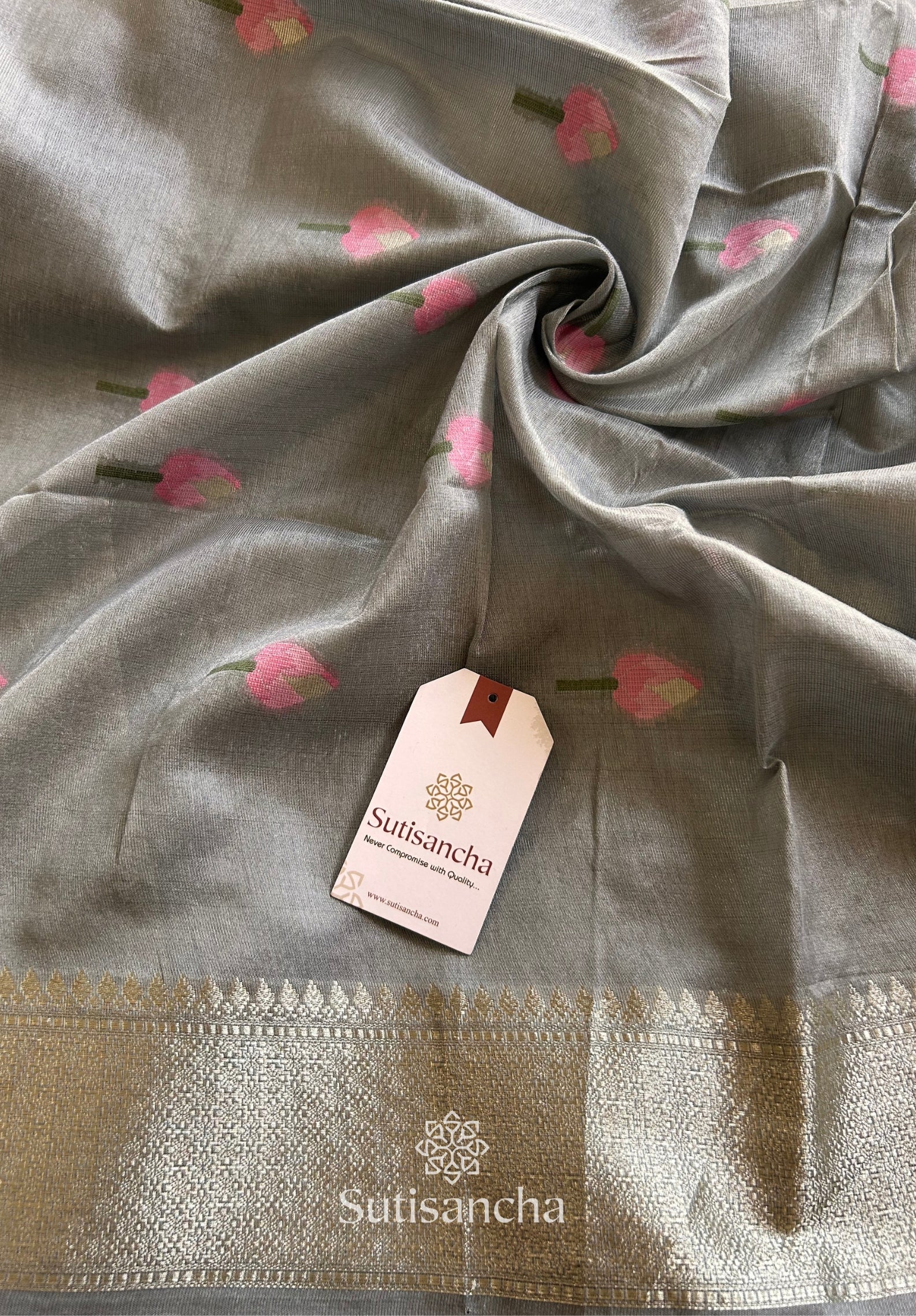 Grey Pure Cotton Saree with Pink Lotus Motifs & Zari Border