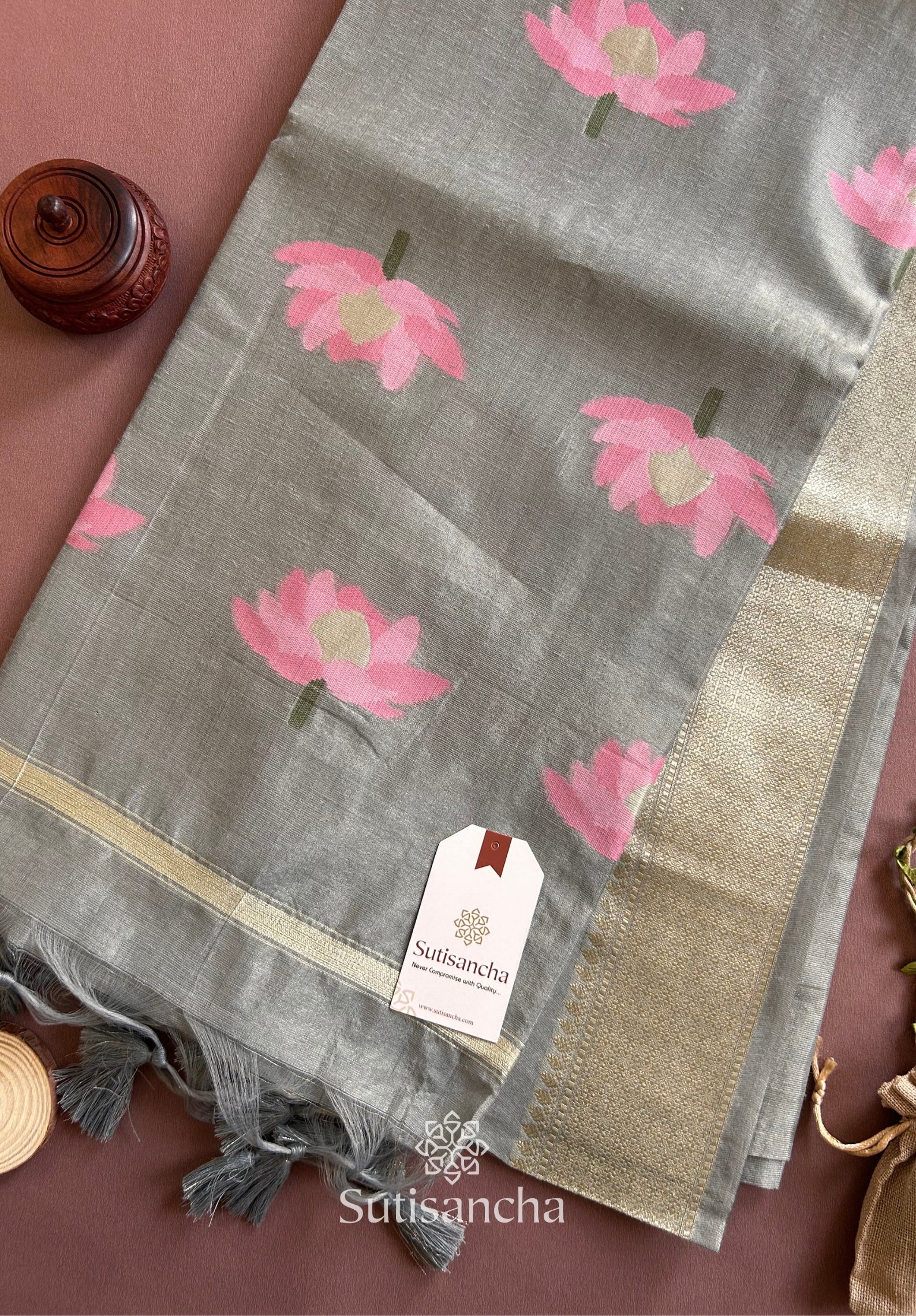Grey Pure Cotton Saree with Pink Lotus Motifs & Zari Border