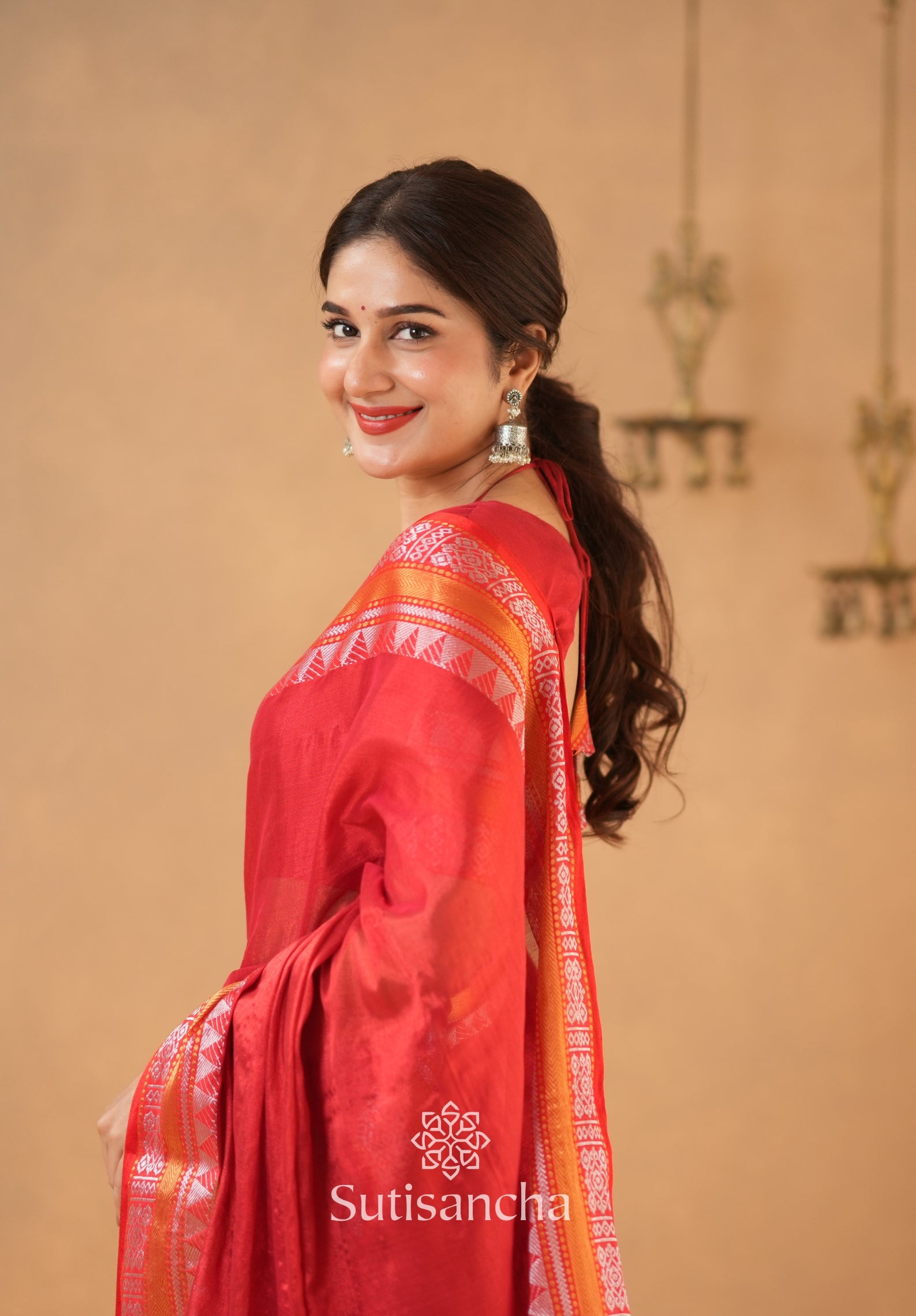 Artisan’s Touch: Red Handloom Tissue Cotton Saree