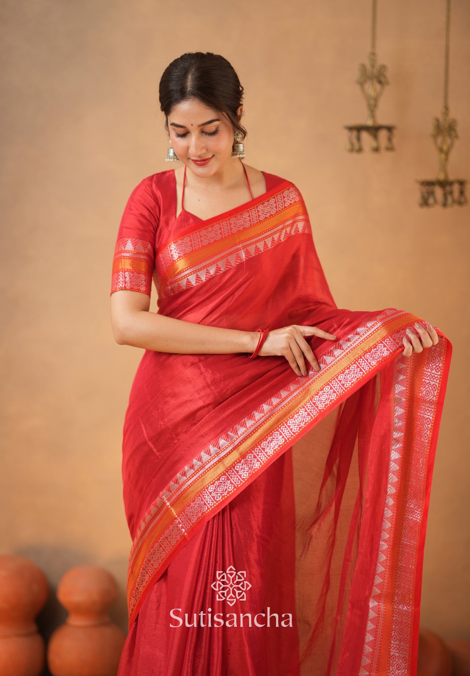 Artisan’s Touch: Red Handloom Tissue Cotton Saree