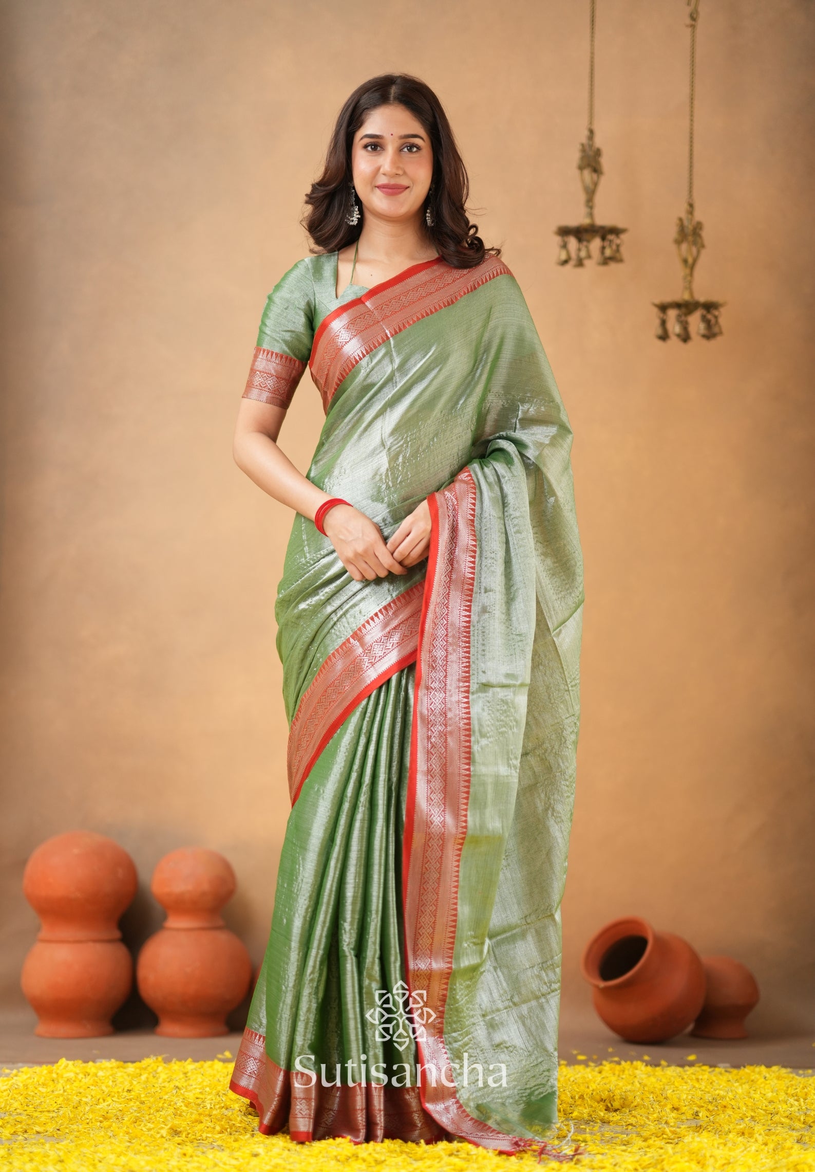 Traditional Tissue Saree with Rich Red Border