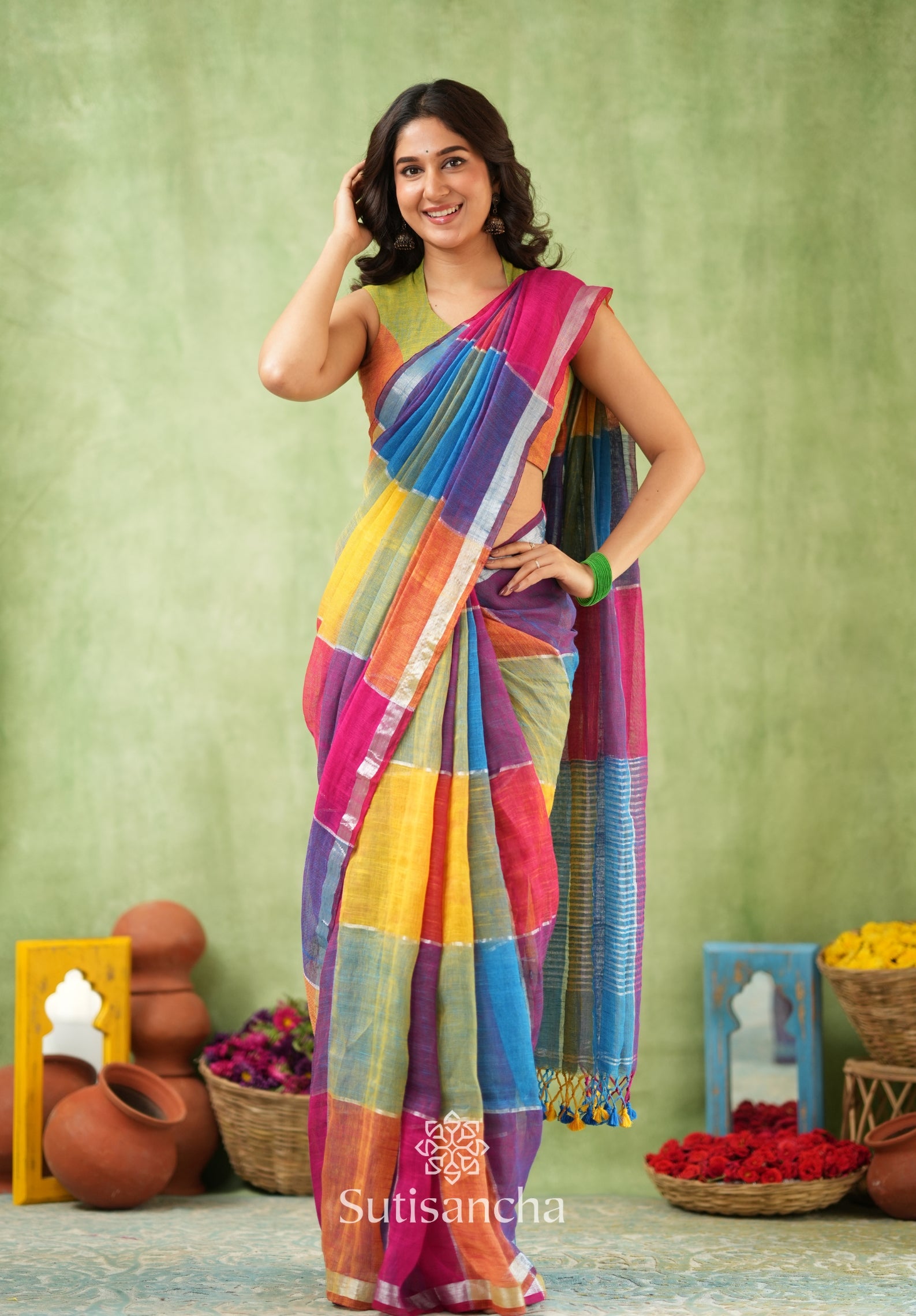 Color Block Linen Cotton Saree – Modern Classic