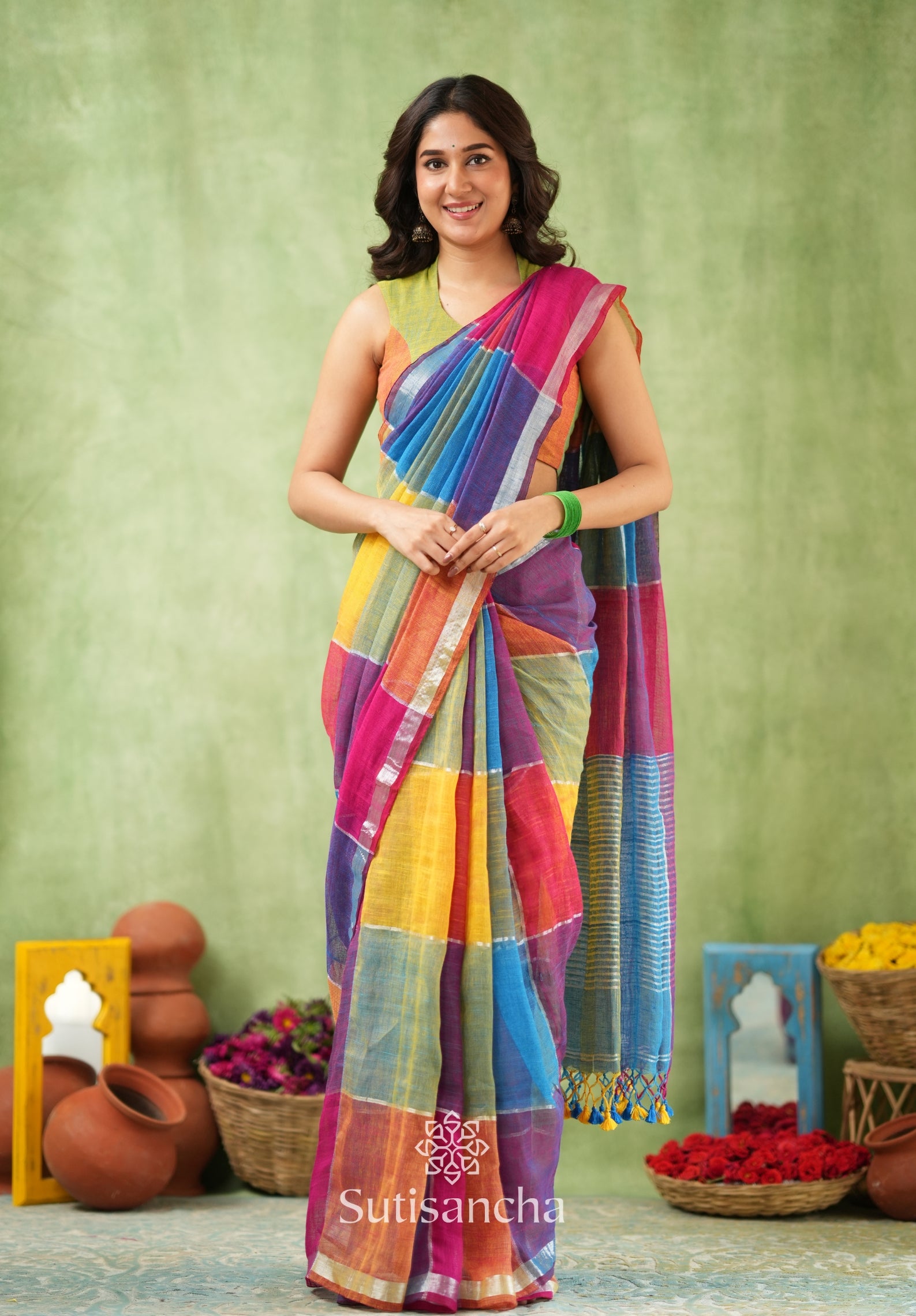 Color Block Linen Cotton Saree – Modern Classic