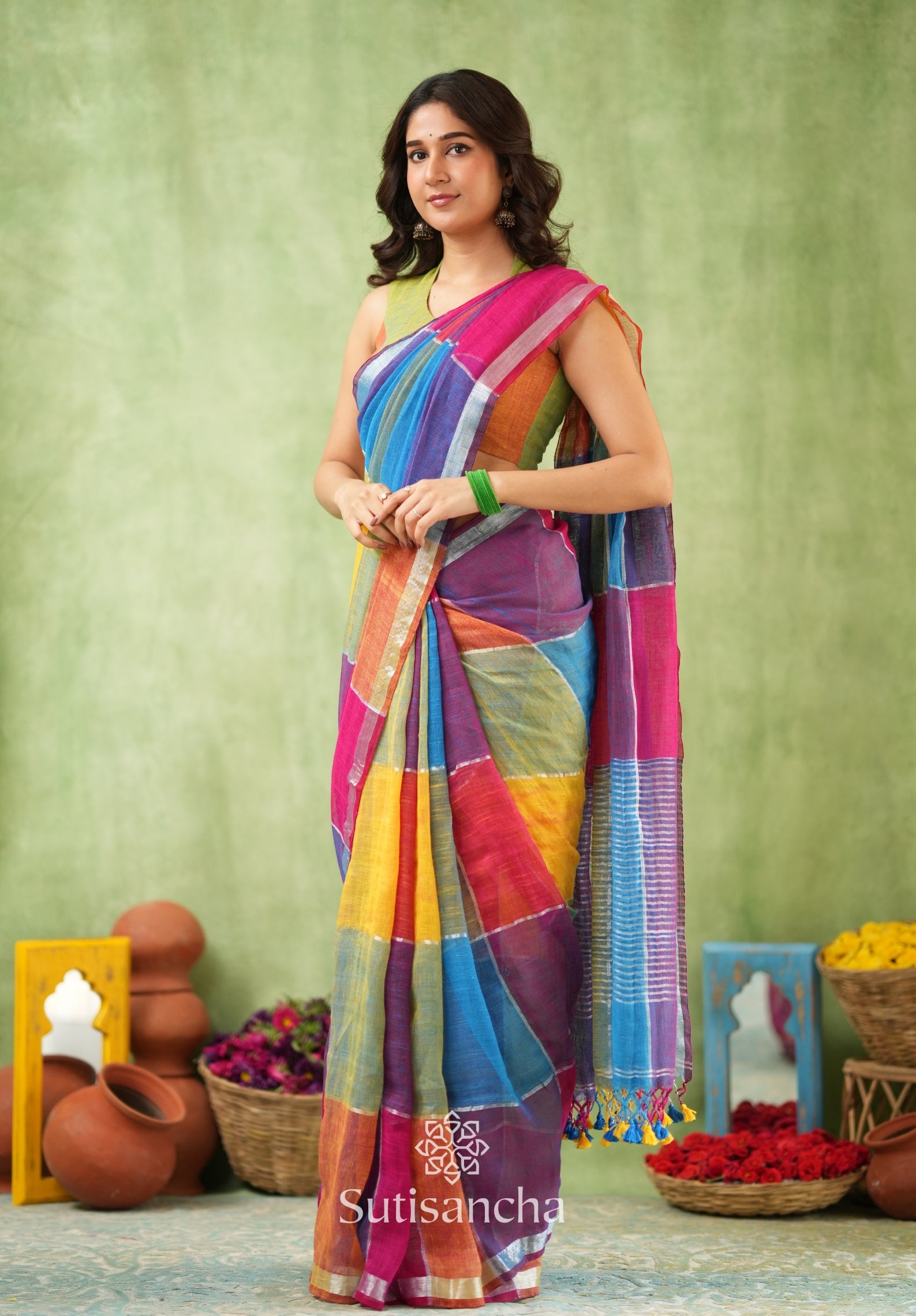 Color Block Linen Cotton Saree – Modern Classic