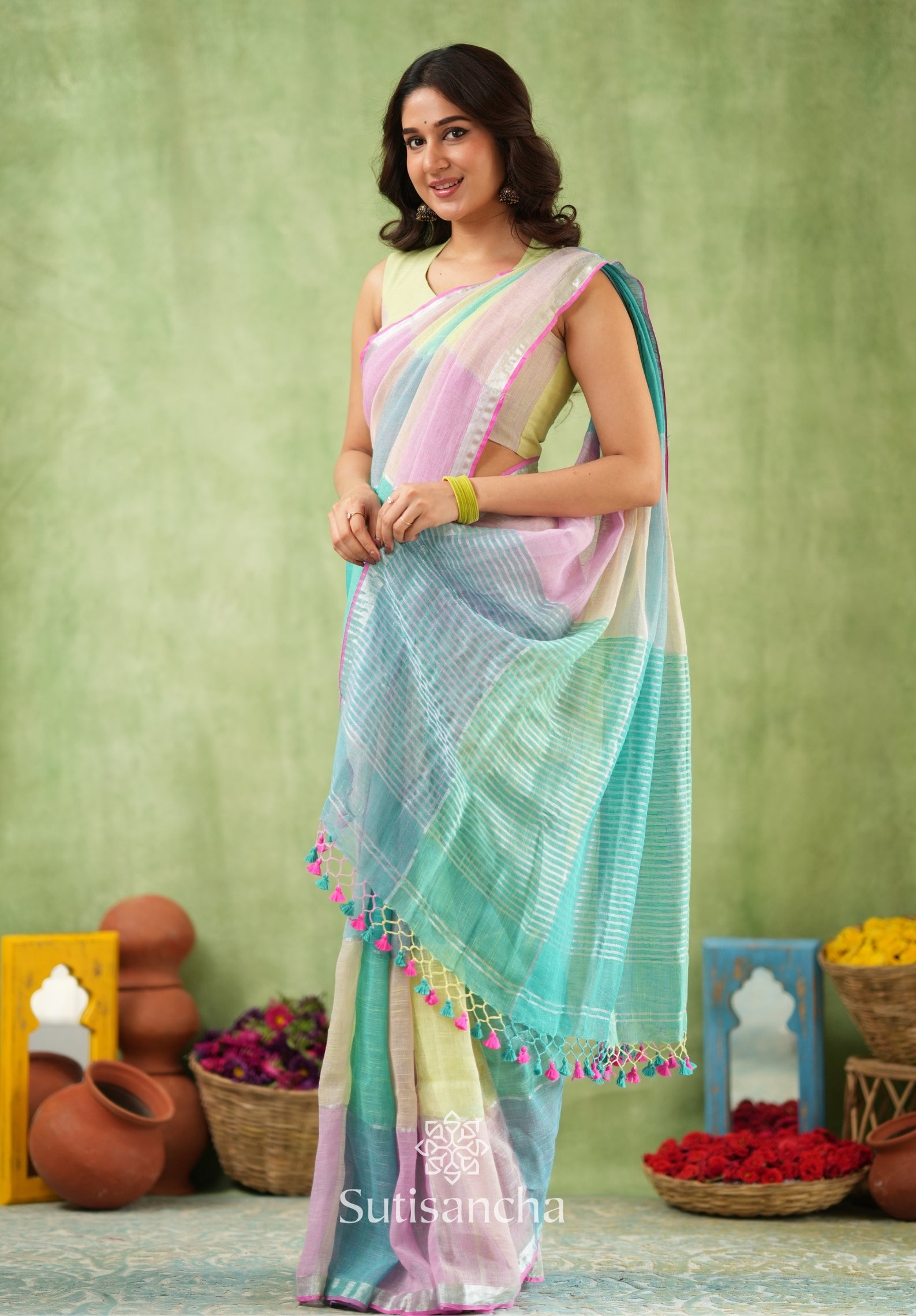 Color Block Linen Cotton Saree – Modern Classic