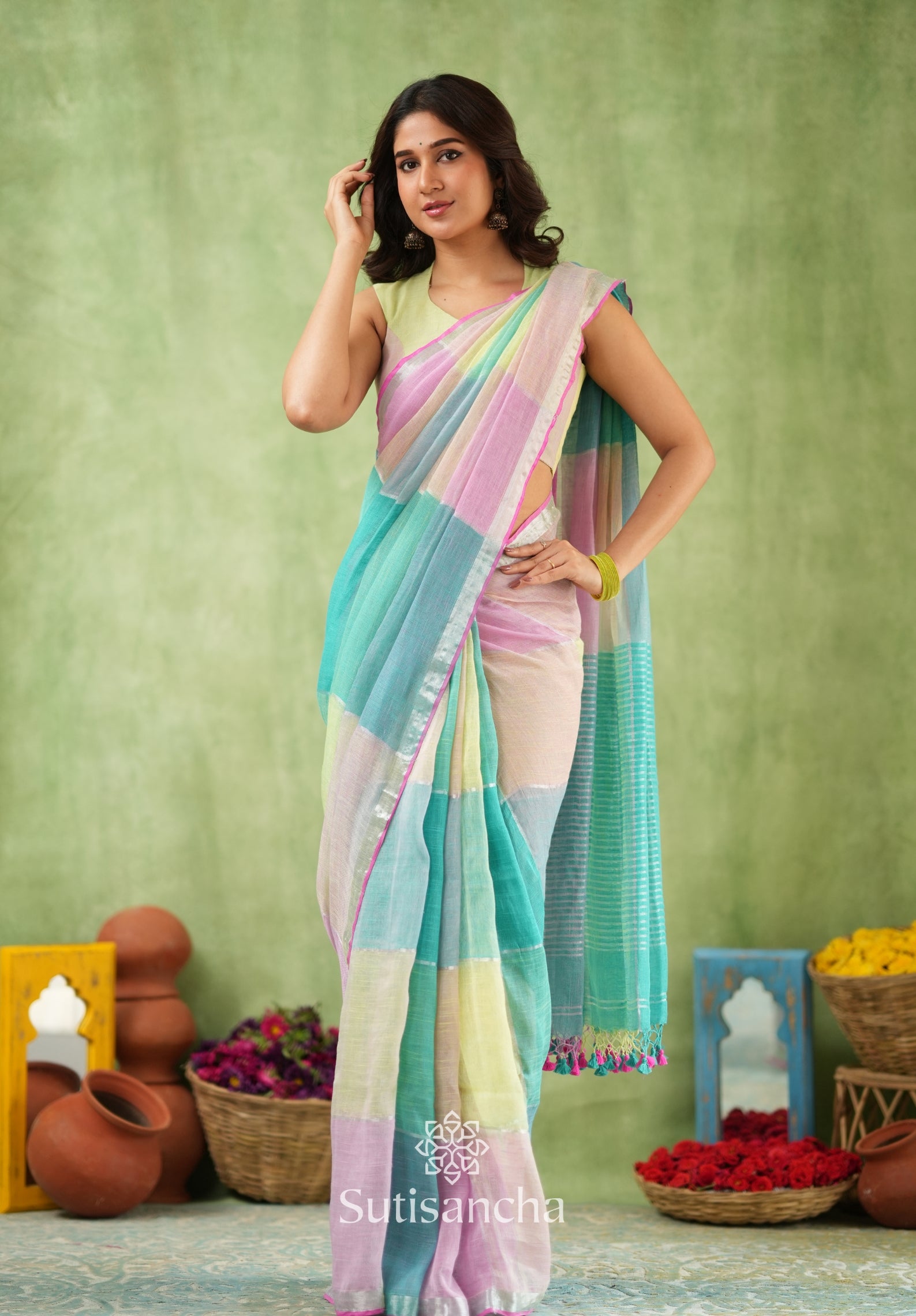 Color Block Linen Cotton Saree – Modern Classic