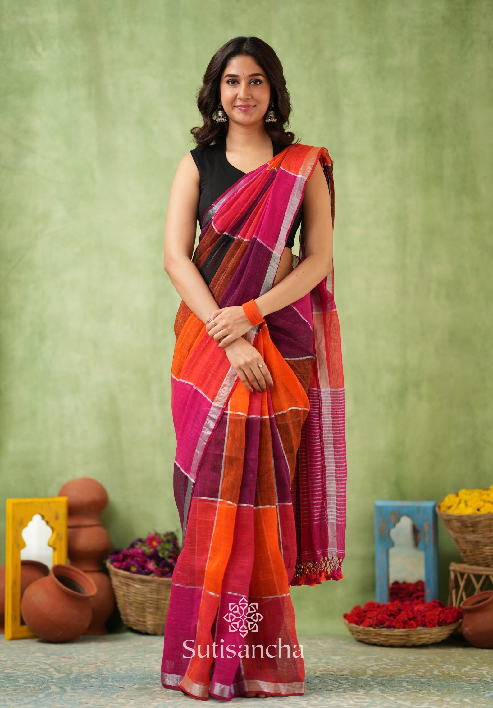 Color Block Linen Cotton Saree – Modern Classic